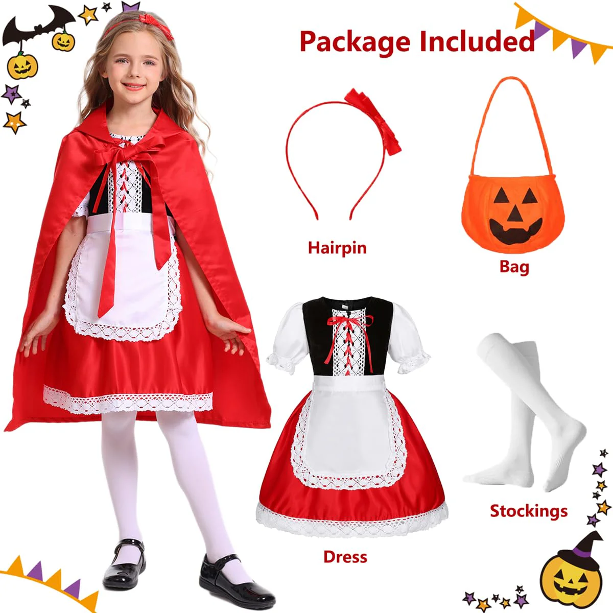 Mosong Little Red Riding Hood Costume for Girls Kids Halloween Christmas Cosplay Costumes Dress and Red Hooded Cloak MS032XXL - Image 5