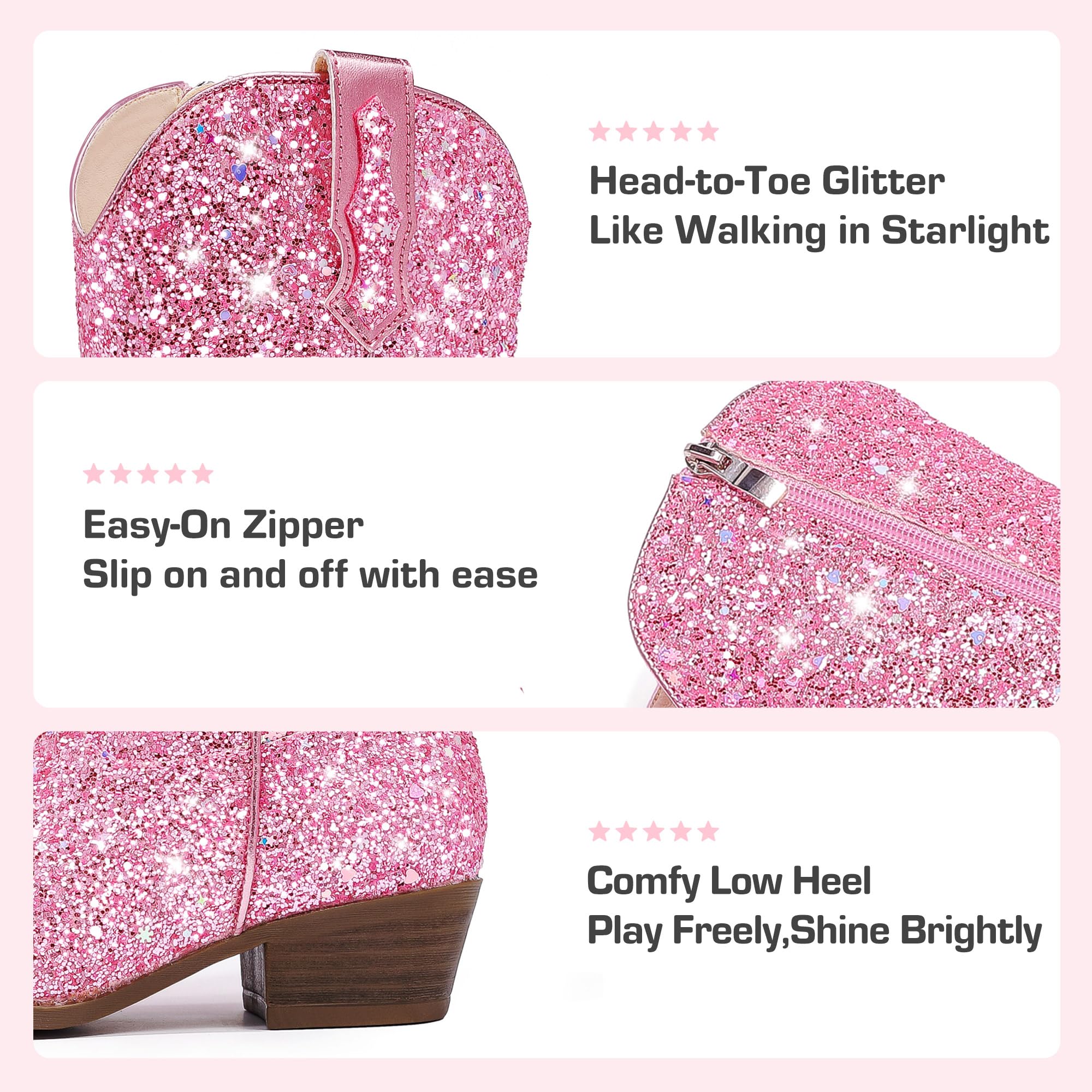 Motasha Cowgirl Boots For Girls Sparkle Girl Cowboy Boots Big Kids Glitter Sequin Dress Toddler Girls' Boot Dressy Western Sparkly Pink 8 Year Old Size 1 Christmas Halloween(M7122 Sequins Pink 1) - Image 4