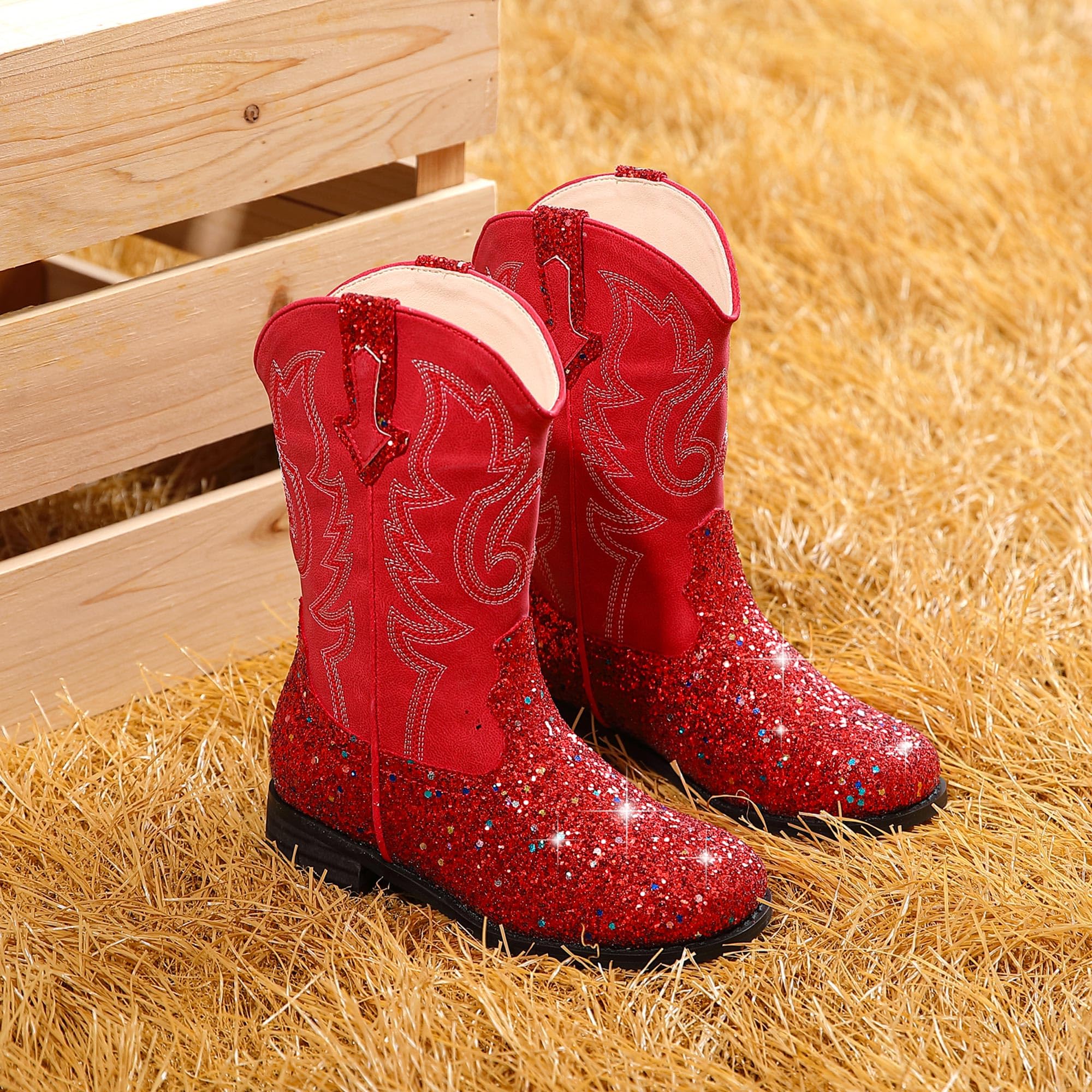 Motasha Girls Cowgirl Boots Glitter Toddler Girls Boots Red Cowboy Boot for Girl Size 10 Little Big Kids Boot Western Riding Shoes Party Birthday Christmas (M7101 Sequins Red 10) - Image 4