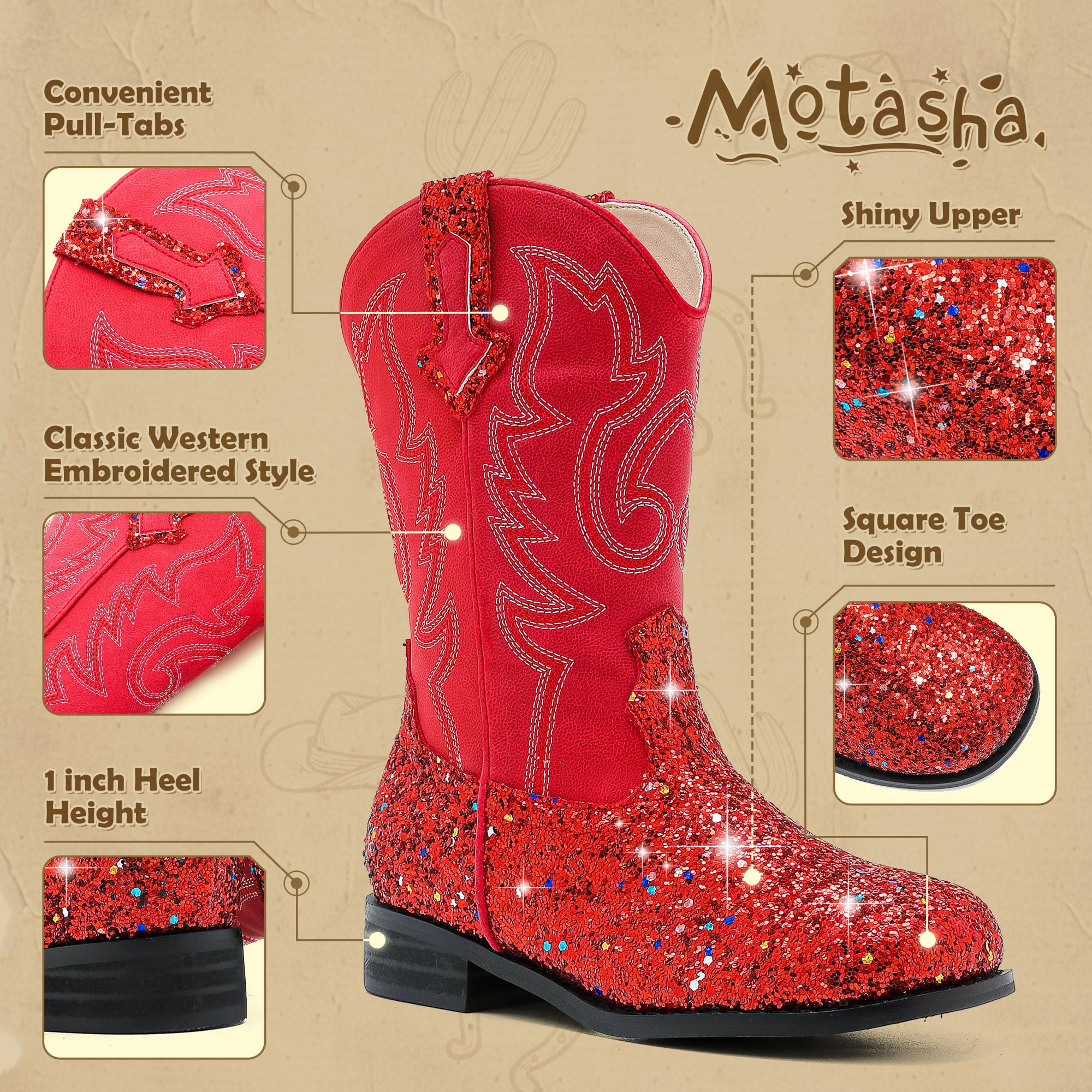 Motasha Girls Cowgirl Boots Glitter Toddler Girls Boots Red Cowboy Boot for Girl Size 10 Little Big Kids Boot Western Riding Shoes Party Birthday Christmas (M7101 Sequins Red 10) - Image 5