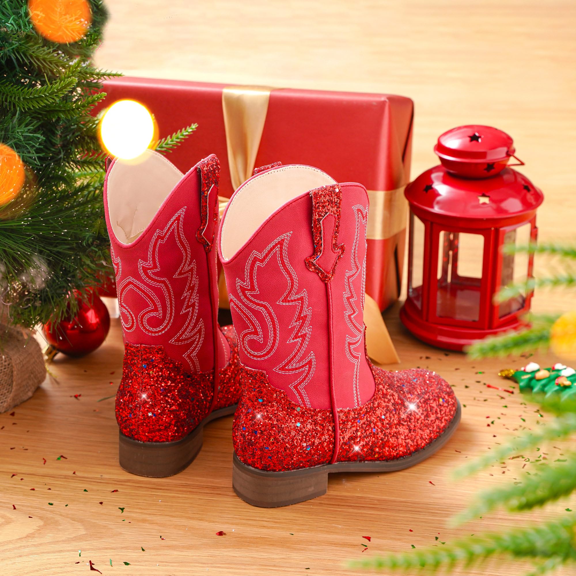 Motasha Girls Cowgirl Boots Glitter Toddler Girls Boots Red Cowboy Boot for Girl Size 10 Little Big Kids Boot Western Riding Shoes Party Birthday Christmas (M7101 Sequins Red 10) - Image 6