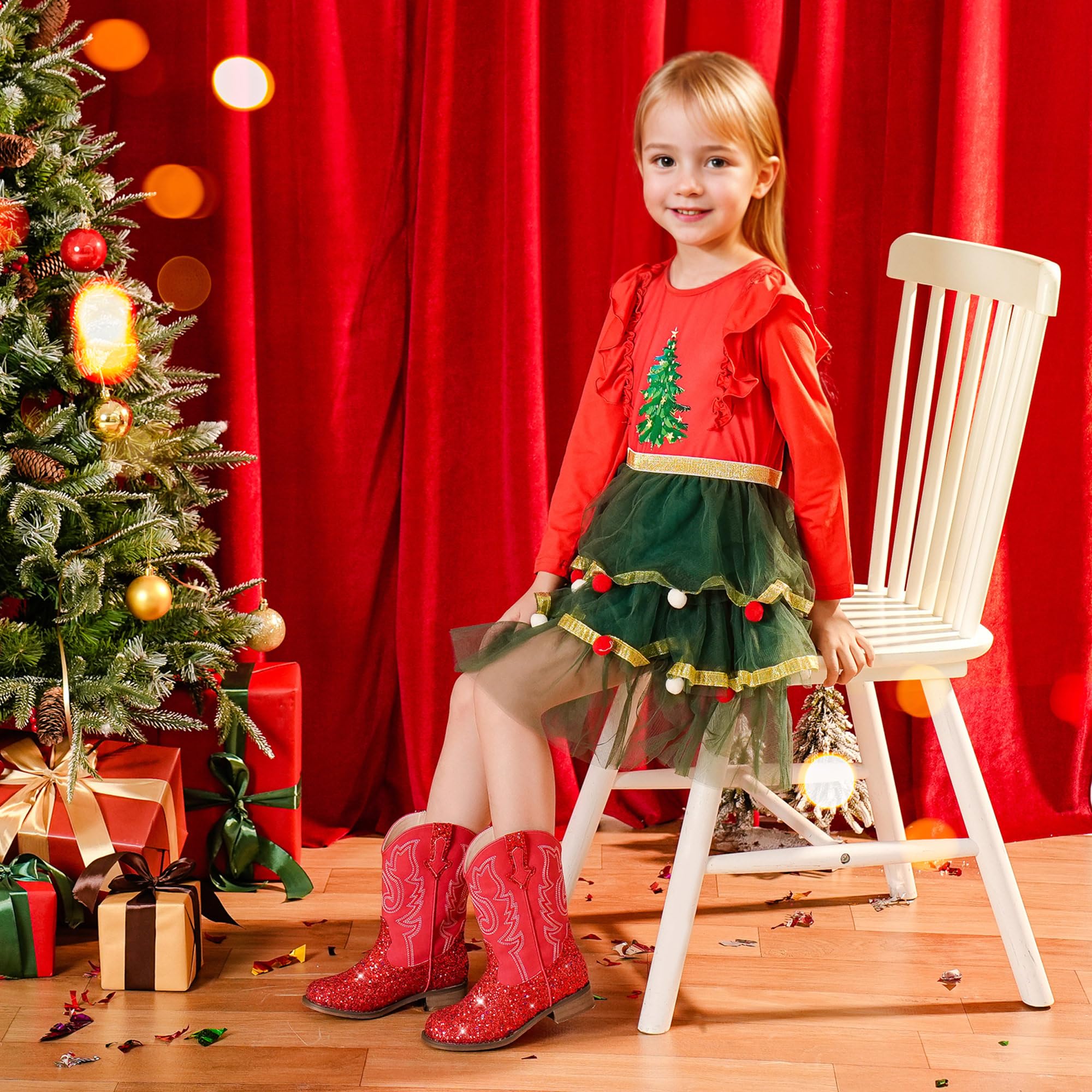 Motasha Girls Cowgirl Boots Glitter Toddler Girls Boots Red Cowboy Boot for Girl Size 10 Little Big Kids Boot Western Riding Shoes Party Birthday Christmas (M7101 Sequins Red 10) - Image 7