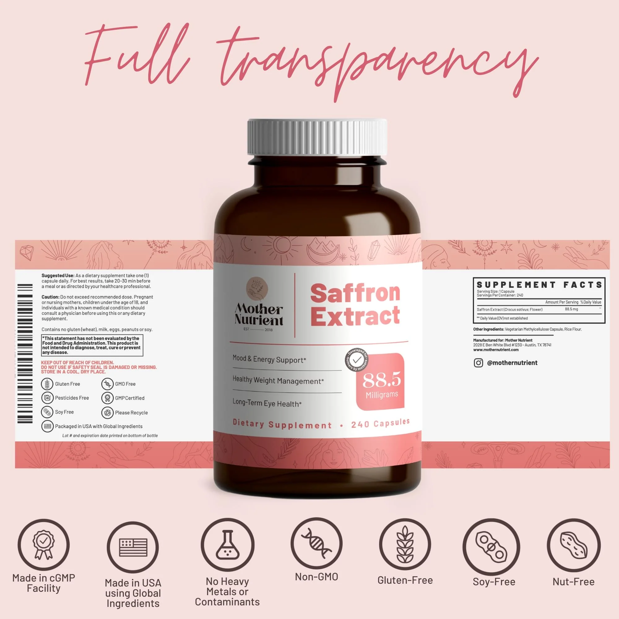 Mother Nutrient - Saffron Extract Supplements for Women & Men, Pure Saffron Extract Supplement, Pure Crocus Sativus - Non-GMO, Vegan-Friendly, 88.5mg per Serving - 240 Veggie Capsules, 7-Month - Image 2