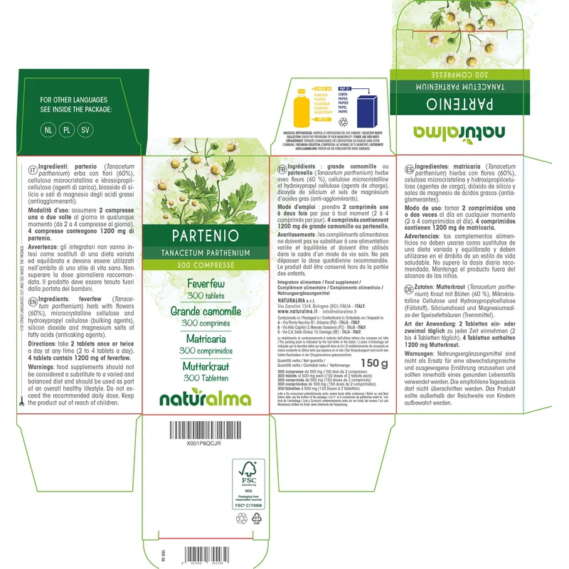 Motherwort (Tanacetum parthenium) Herb with Flowers Naturalma - 150 g - 300 Tablets - Dietary Supplement - Natural and Vegan - Image 2
