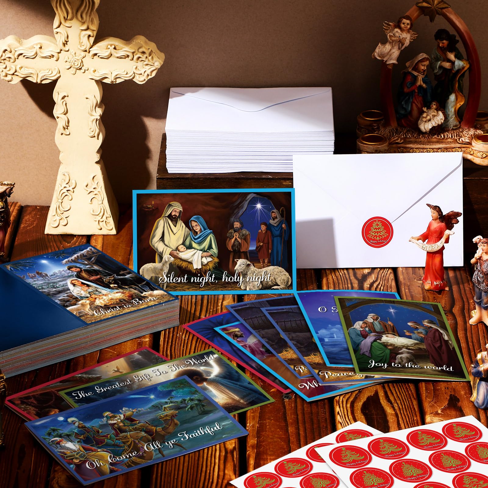 Motiskyy 100 Sets Christmas Cards with Envelopes and Stickers Christmas Cards Assortment Bulk Greetings for Xmas New Year Party Supplies 10 Designs, 6 x 4 Inch(Religious) - Image 6