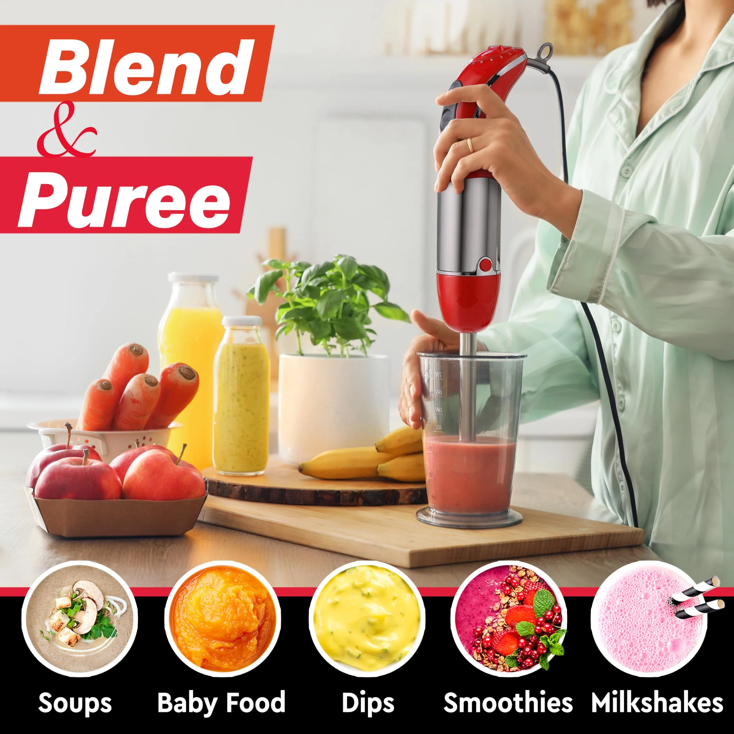 Mueller Multistick 800W 5-in-1 Immersion Blender Handheld, 12 Speed Hand Mixer - Turbo Boost, Heaviest Duty Copper Motor, Titanium Blades Hand Blender, Milk Frother Wand, Red Kitchen Accessories - Image 4