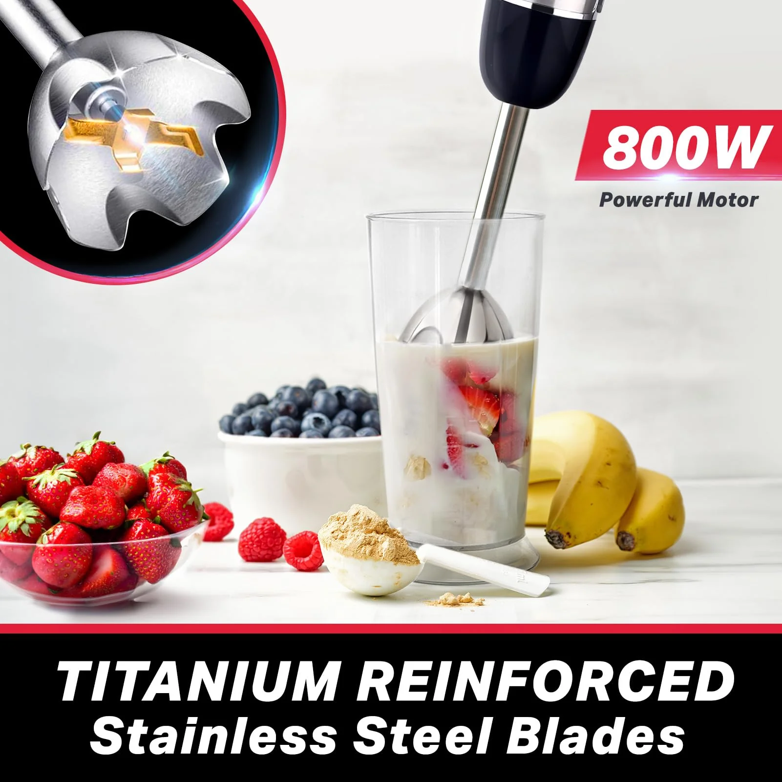 Mueller Multistick 800W 5-in-1 Immersion Blender Handheld, 12 Speed Hand Mixer - Turbo Boost, Heaviest Duty Copper Motor, Titanium Blades Hand Blender, Milk Frother Wand, Whisk, Kitchen Gadgets Black - Image 6