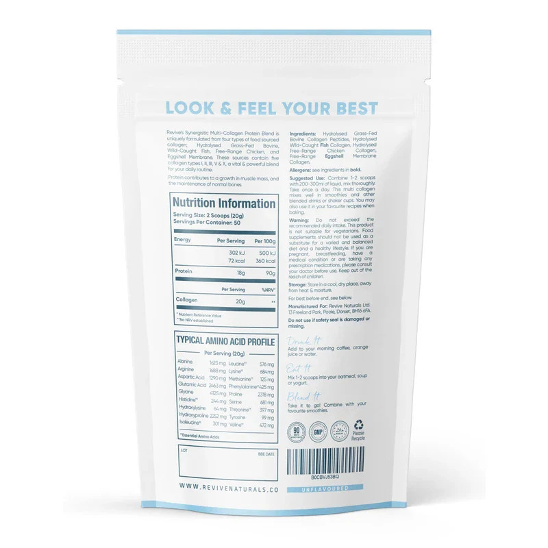 Multi Collagen Protein Powder (1kg) - Types I, II, III, V & X - Hydrolyzed Grass Fed Bovine, Wild Caught Fish, & Free-Range Chicken & Eggshell Collagen. Non-GMO, Halal. - Image 3