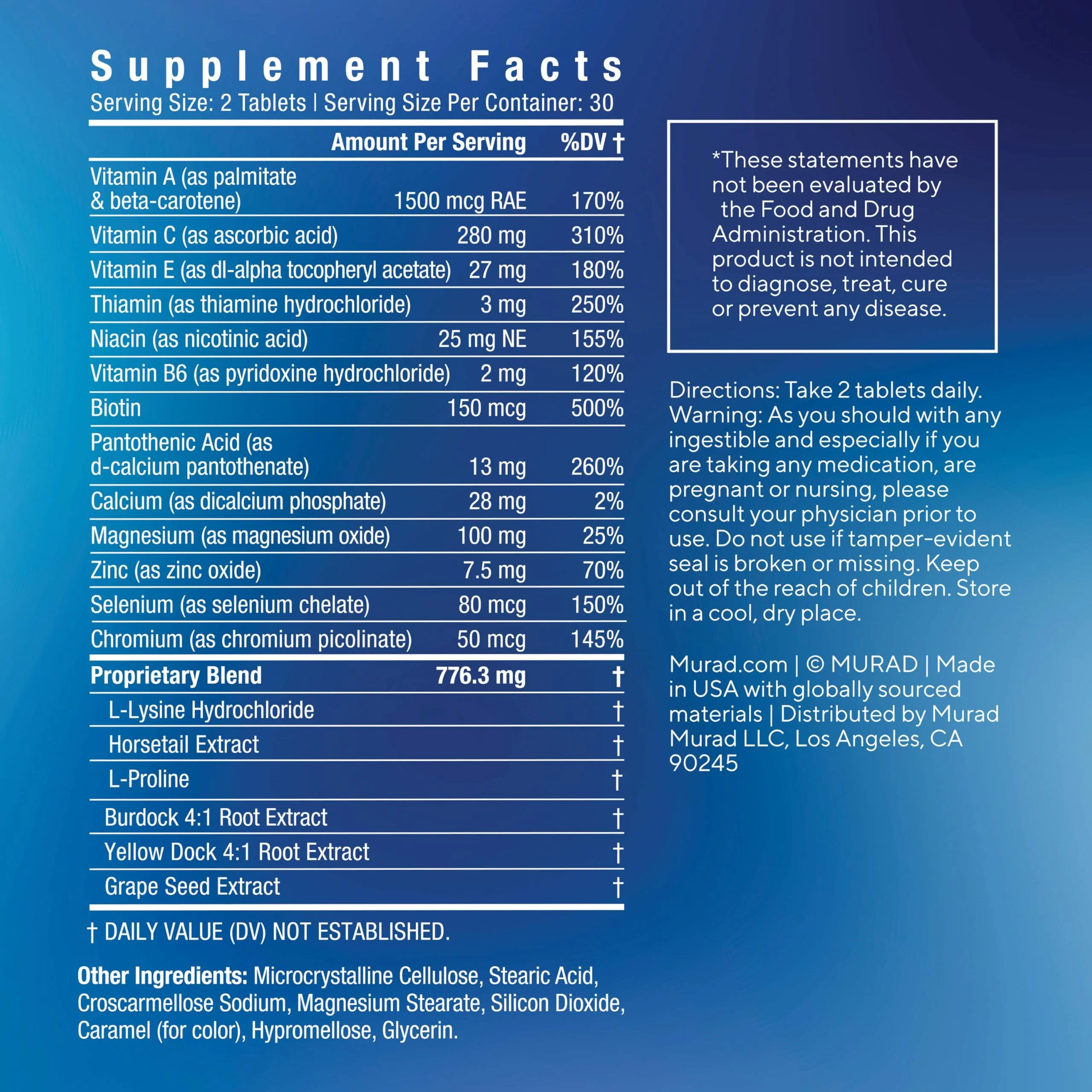 Murad Pure Skin Acne Supplements – 60 Tablets – Clear Skin Support with Blend of Vitamin A & B6, Zinc, Amino Acids, & Burdock Root – Promotes Healthy Skin, Oil Balance, Gut Health & Stress Relief - Image 3