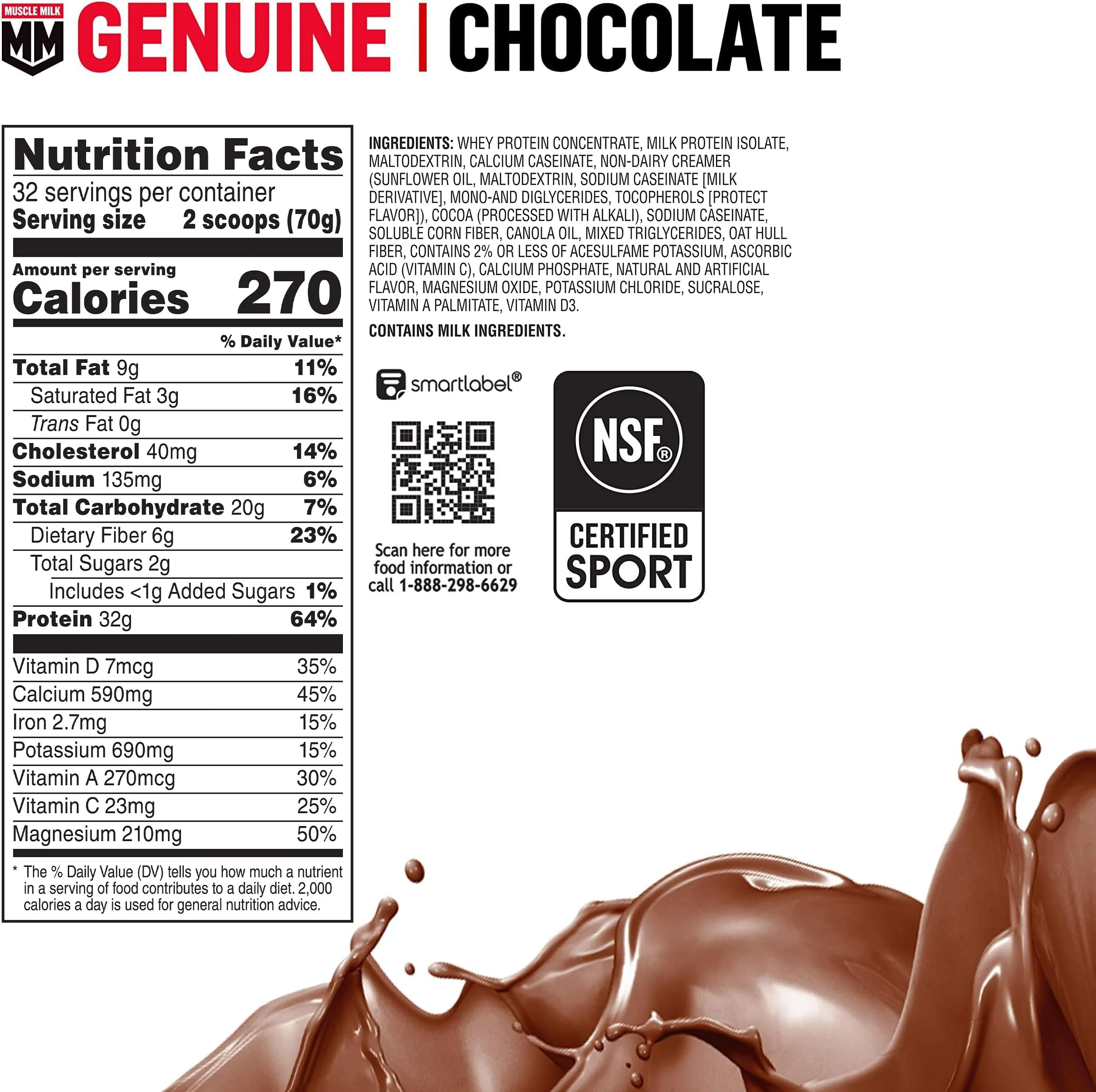Muscle Milk Genuine Protein Powder, Chocolate, 4.94 Pound, 32 Servings, 32g Protein, 2g Sugar, Calcium, Vitamins A, C & D, NSF Certified for Sport, Energizing Snack, Packaging May Vary - Image 6