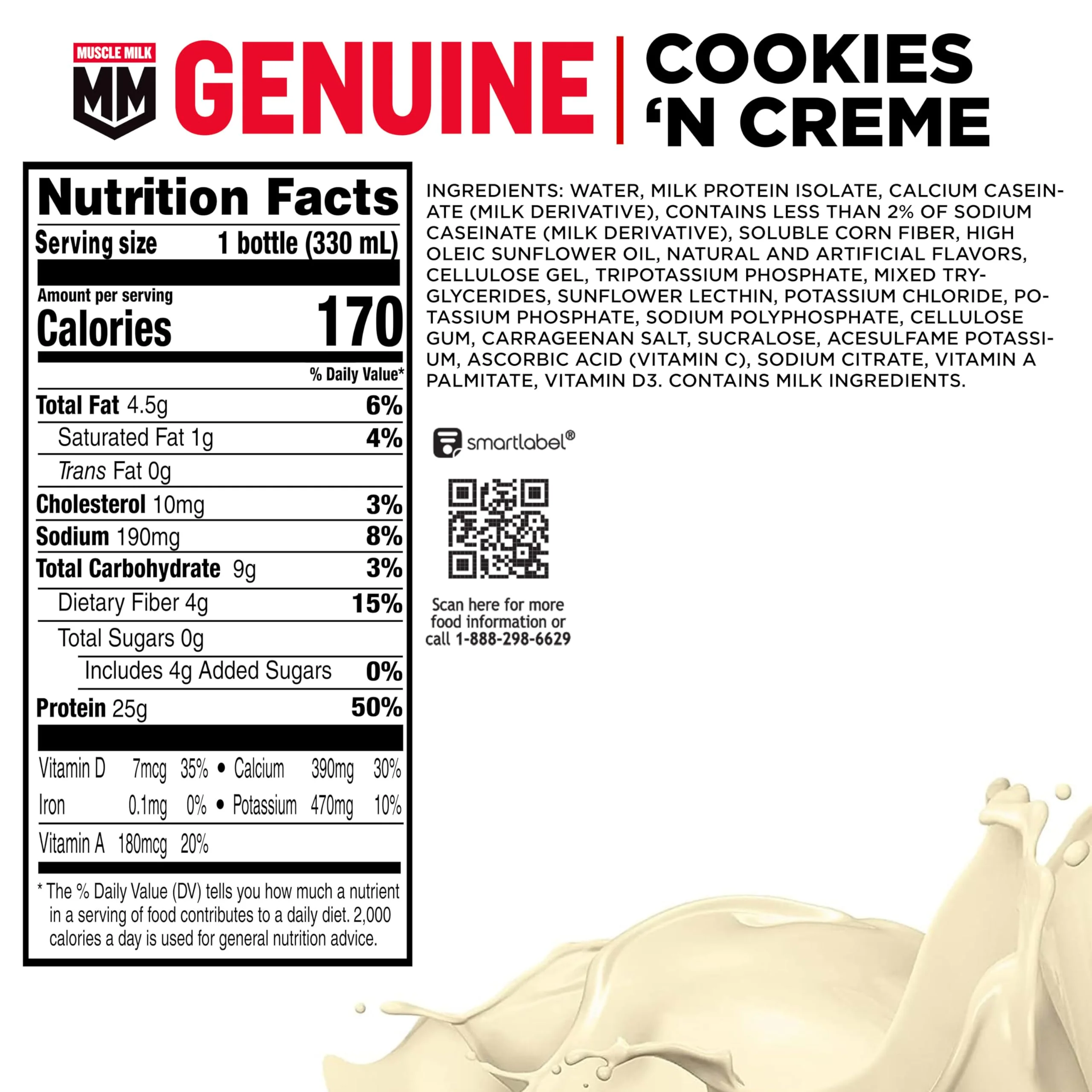 Muscle Milk Genuine Protein Shake, Cookies and Creme, 11.16 Fl Oz Bottle, 12 Pack, 25g Protein, Zero Sugar, Calcium, Vitamins A, C & D, 4g Fiber, Energizing Snack, Workout Recovery, Packaging May Vary - Image 4