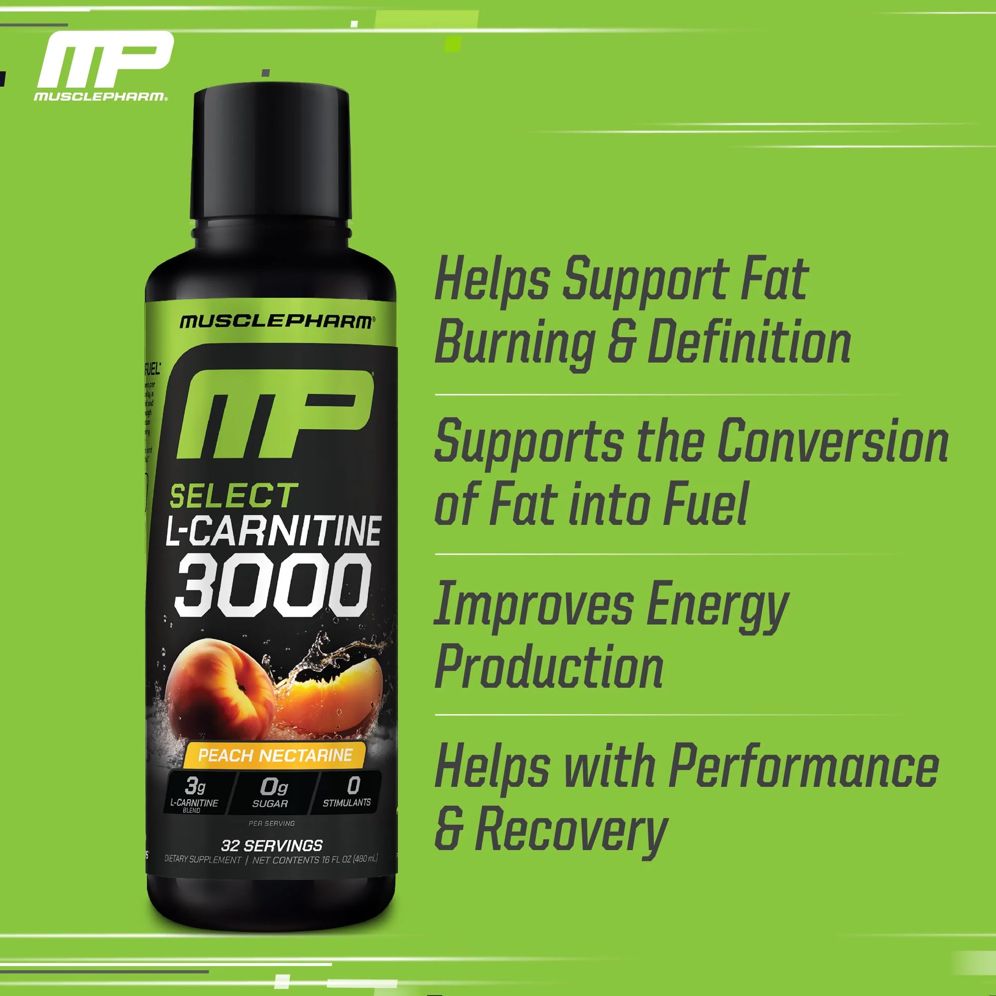 Muscle Pharm L-Carnitine 3000, The Ultimate Liquid L Carnitine Supplement for High-Performance, Supports Metabolism, Hydration & Energy, Zero Sugar/Calories, Peach Nectarine Flavor, 32 Servings - Image 8
