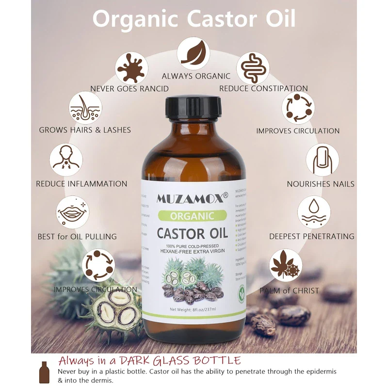 MUZAMOX MUZAMOX Castor Oil Organic Cold Pressed Unrefined Glass Bottle (8fl.oz/237ml), Castor Oil Pack Wrap Organic Cotton and Castor Oil Packs for Liver Detox - Image 2
