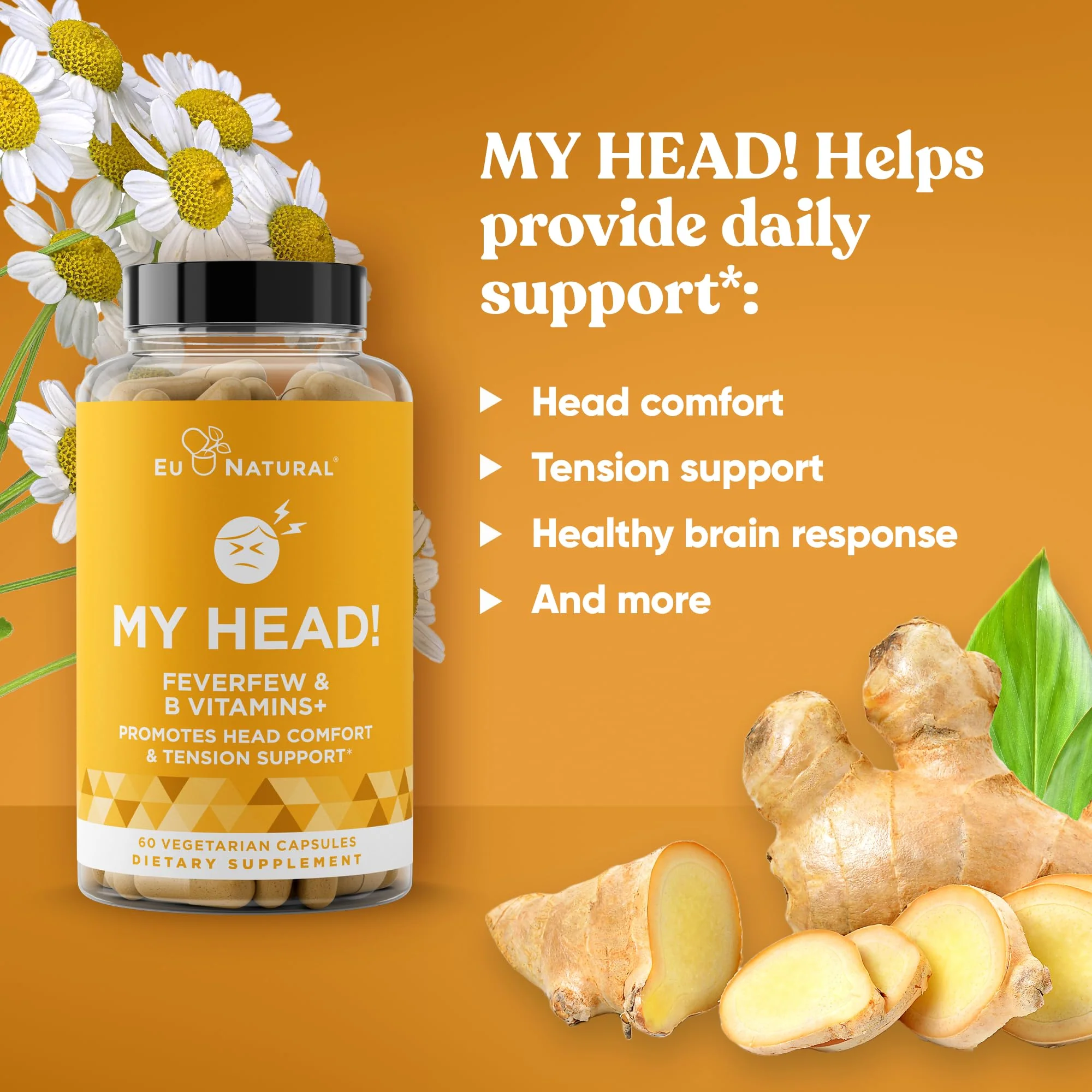 My Head! Headache Vitamins – Sensitivity, Tension, Comfort, Healthy Head Function for A Clear Mind – Fast acting Magnesium, Feverfew, Boswellia, Vitamin D, Ginger, & More – 60 Soft Capsules - Image 6