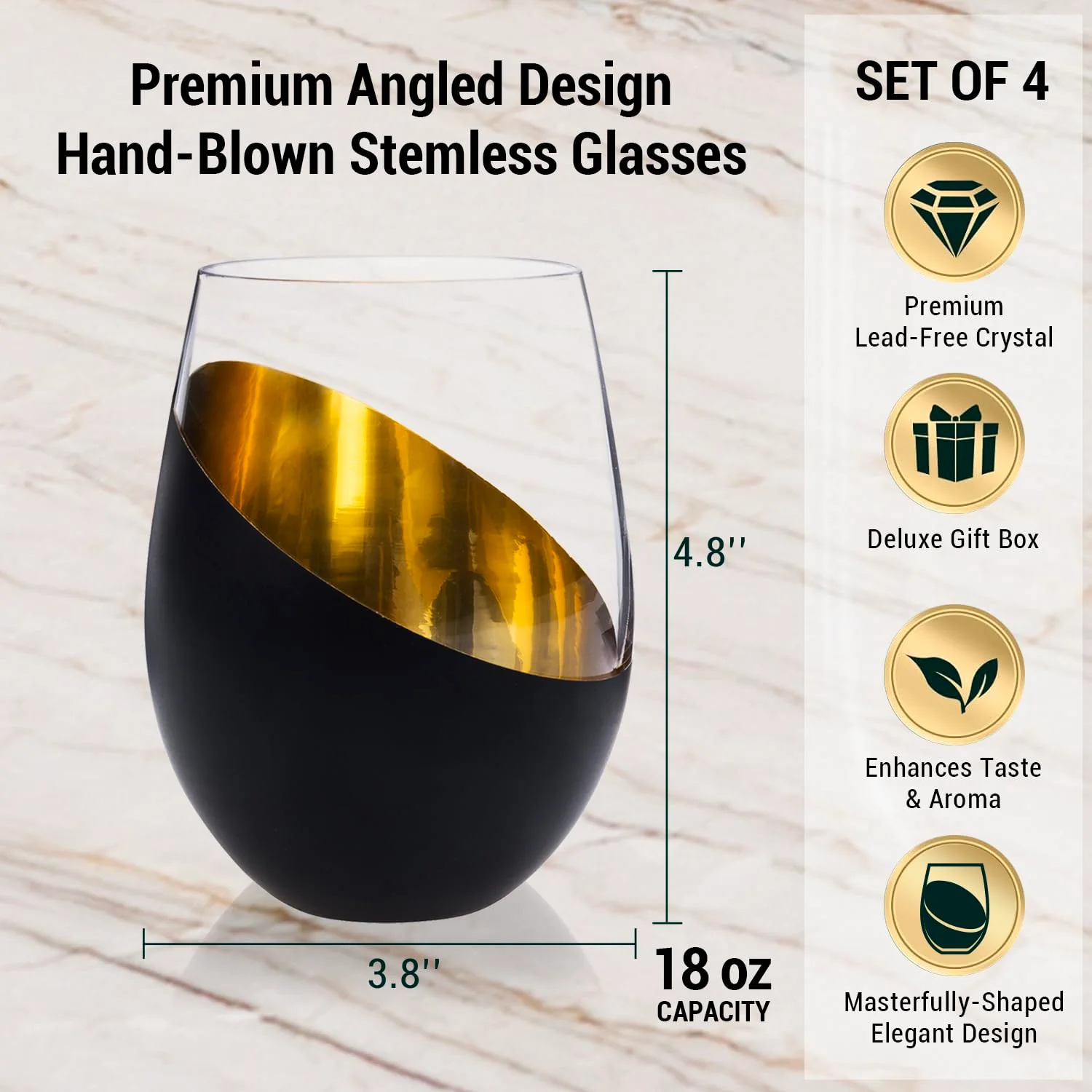 MyGift Black and Gold Stemless Wine Glasses Set of 4 - Elegant Christmas Gift Set with Luxe Metallic Finish, 18oz Modern Barware - Image 8
