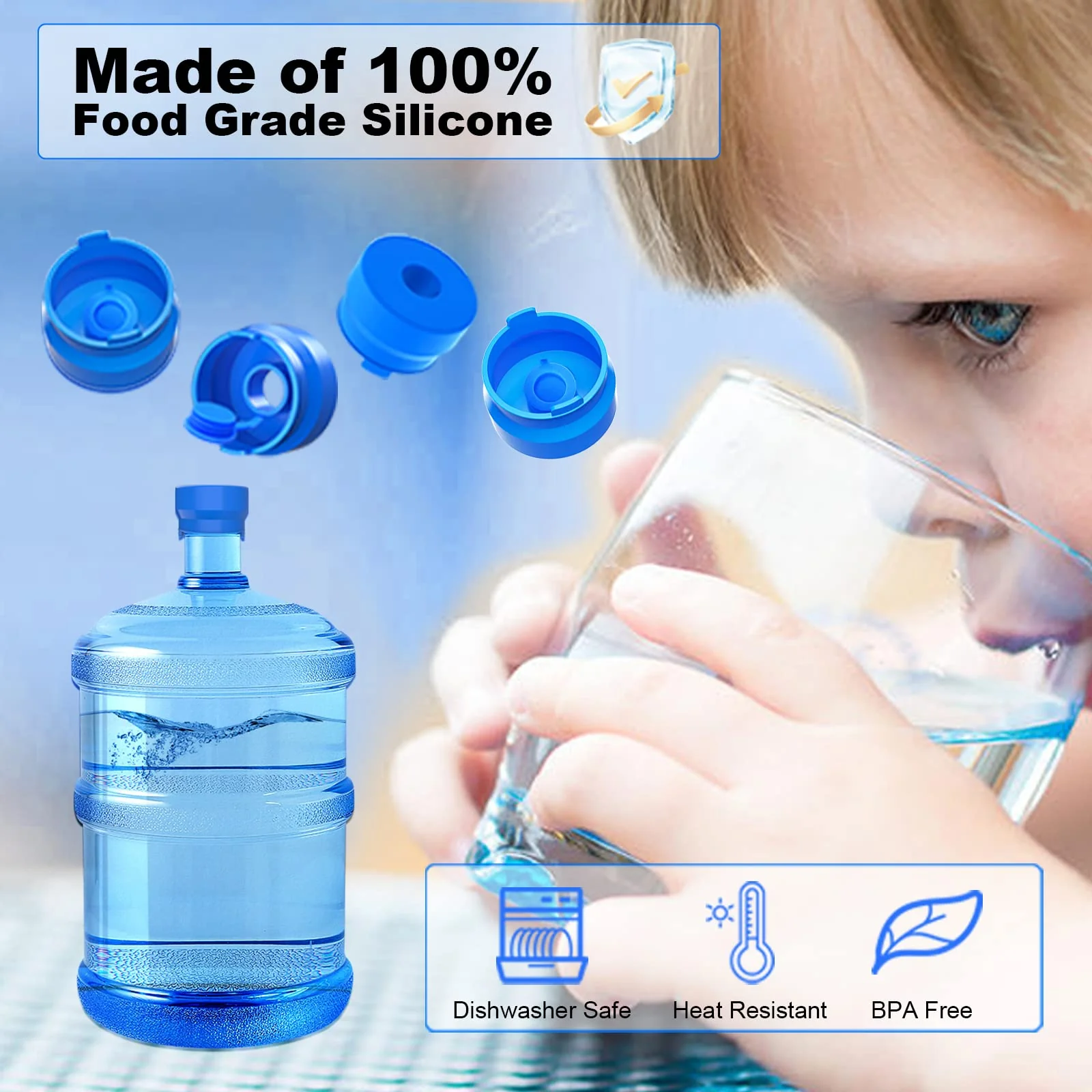 MYLOLF 3 & 5 Gallon Water Jug Cap, Reusable Food Grade Silicone Replacement Cap for 55mm Standard/Screw/Crown Tops Water Bottle and Water Dispensers, Non-Spill & Leak Free - 12PCS - Image 6