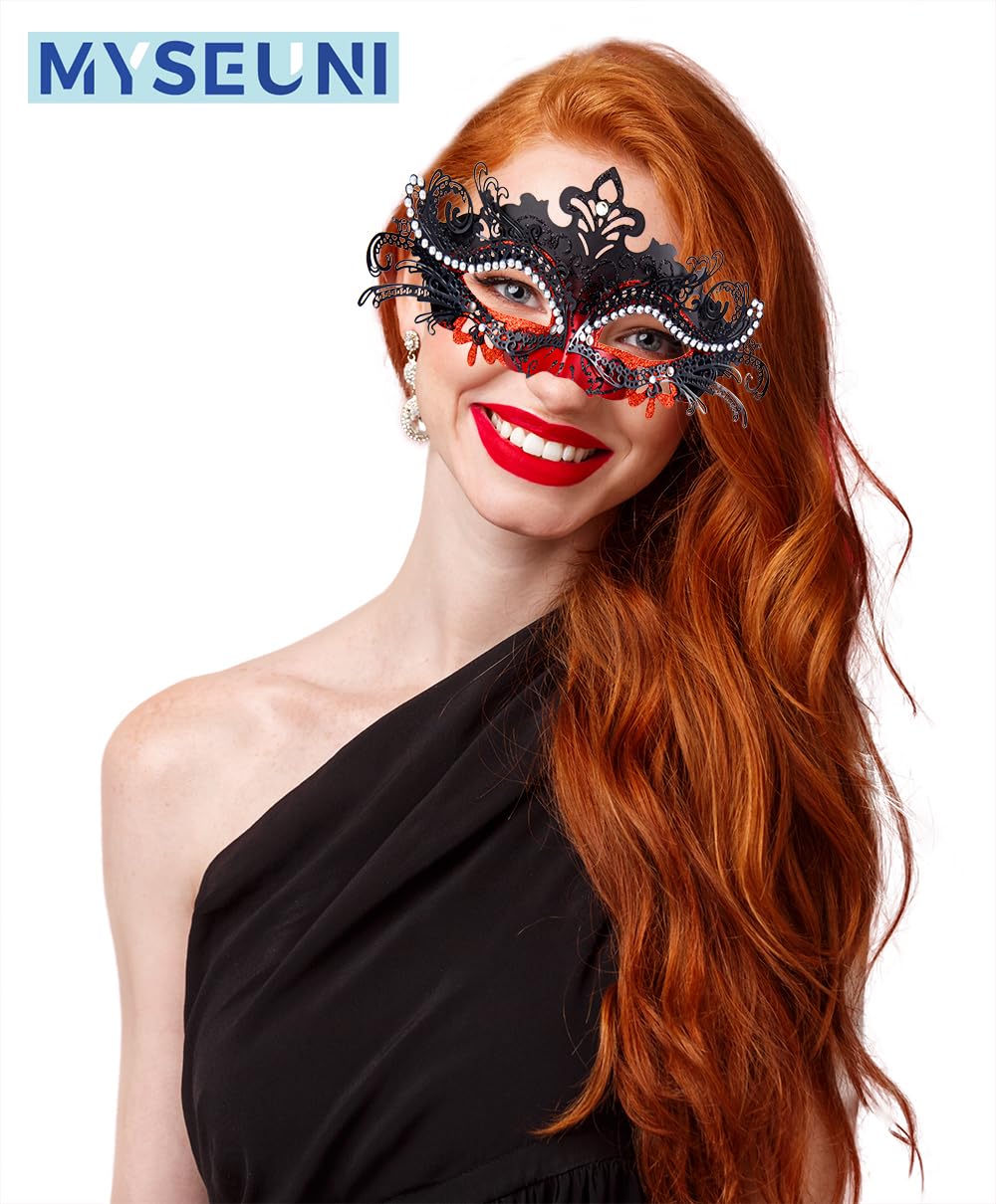 MYSEUNI Masquerade Mask for Couple Red - Shiny Rhinestone Venetian Mask & Mens Venetian Half Face Mask for Christmas Mardi Gras Party Halloween Costume Cosplay Prom Masked Ball - Image 4