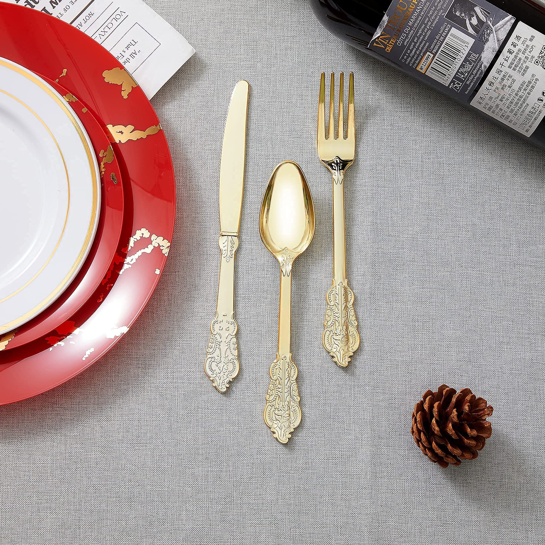 N9R 300pcs Gold Plastic Silverware Dinnerware Flatware- Heavyweight Plastic Cutlery Set, 100 Forks, 100 Spoons, 100 Knives, Gold Utensils for Party, Thanksgiving, Christmas - Image 3