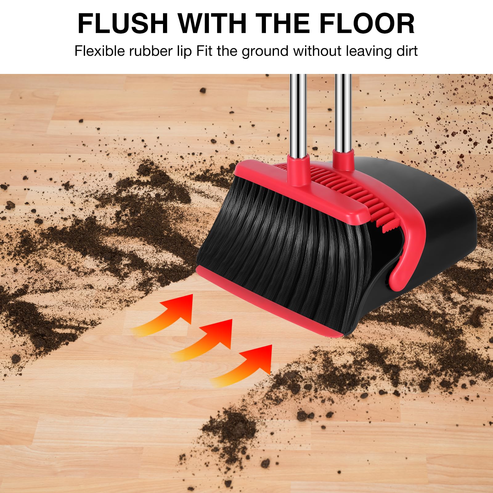 NACENA Broom and Dustpan Set, 52-in Long Adjustable Handle Broom Dustpan Combo with Dustpan Teeth to Automatically Clean Hair Suitable for Home Kitchen Office Hall Floor (Black&Red), 2 Pack - Image 4