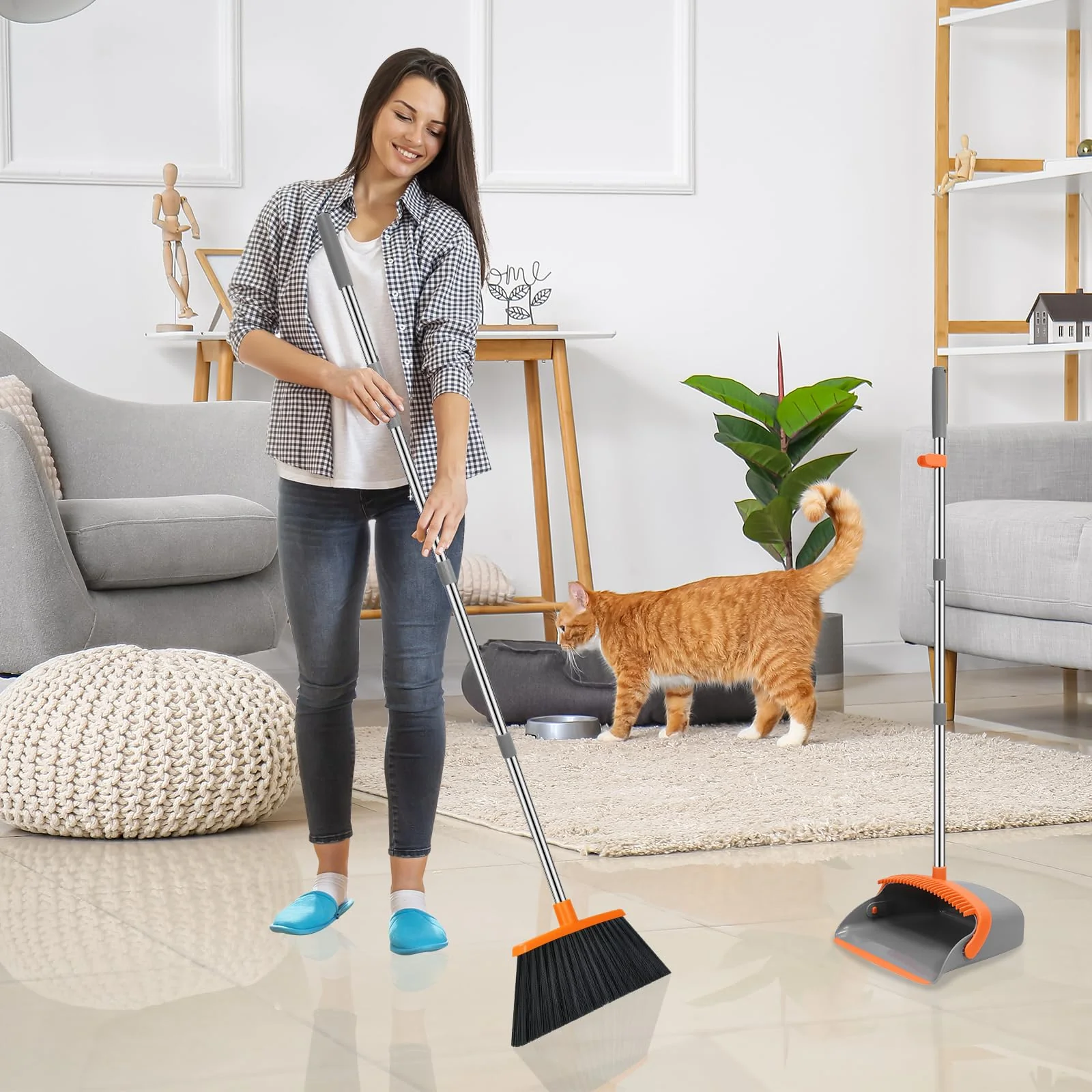NACENA Broom and Dustpan Set, 52-in Long Adjustable Handle Broom Dustpan Combo with Dustpan Teeth to Automatically Clean Hair Suitable for Home Kitchen Office Hall Floor（Grey&Orange） - Image 2