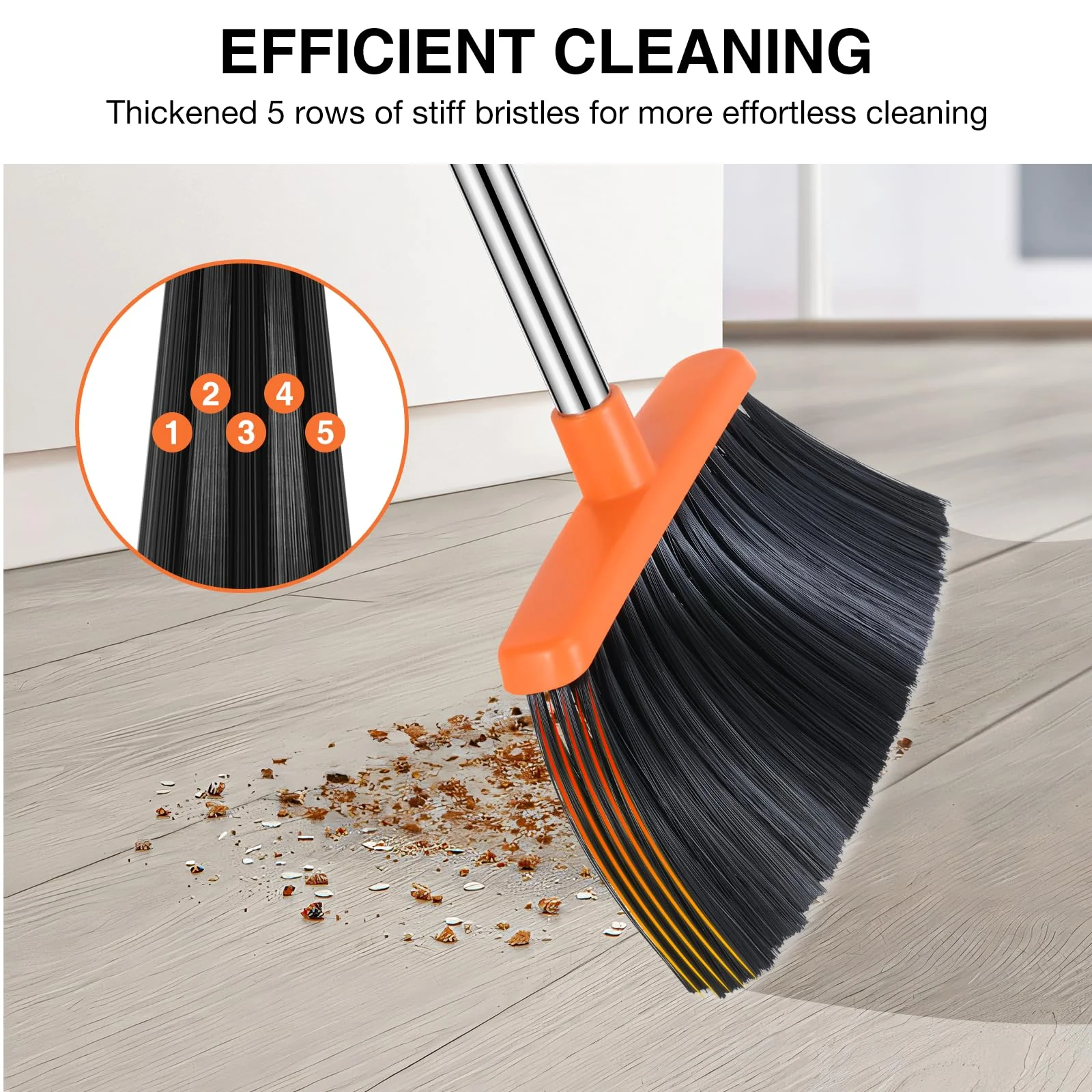 NACENA Broom and Dustpan Set, 52-in Long Adjustable Handle Broom Dustpan Combo with Dustpan Teeth to Automatically Clean Hair Suitable for Home Kitchen Office Hall Floor（Grey&Orange） - Image 3