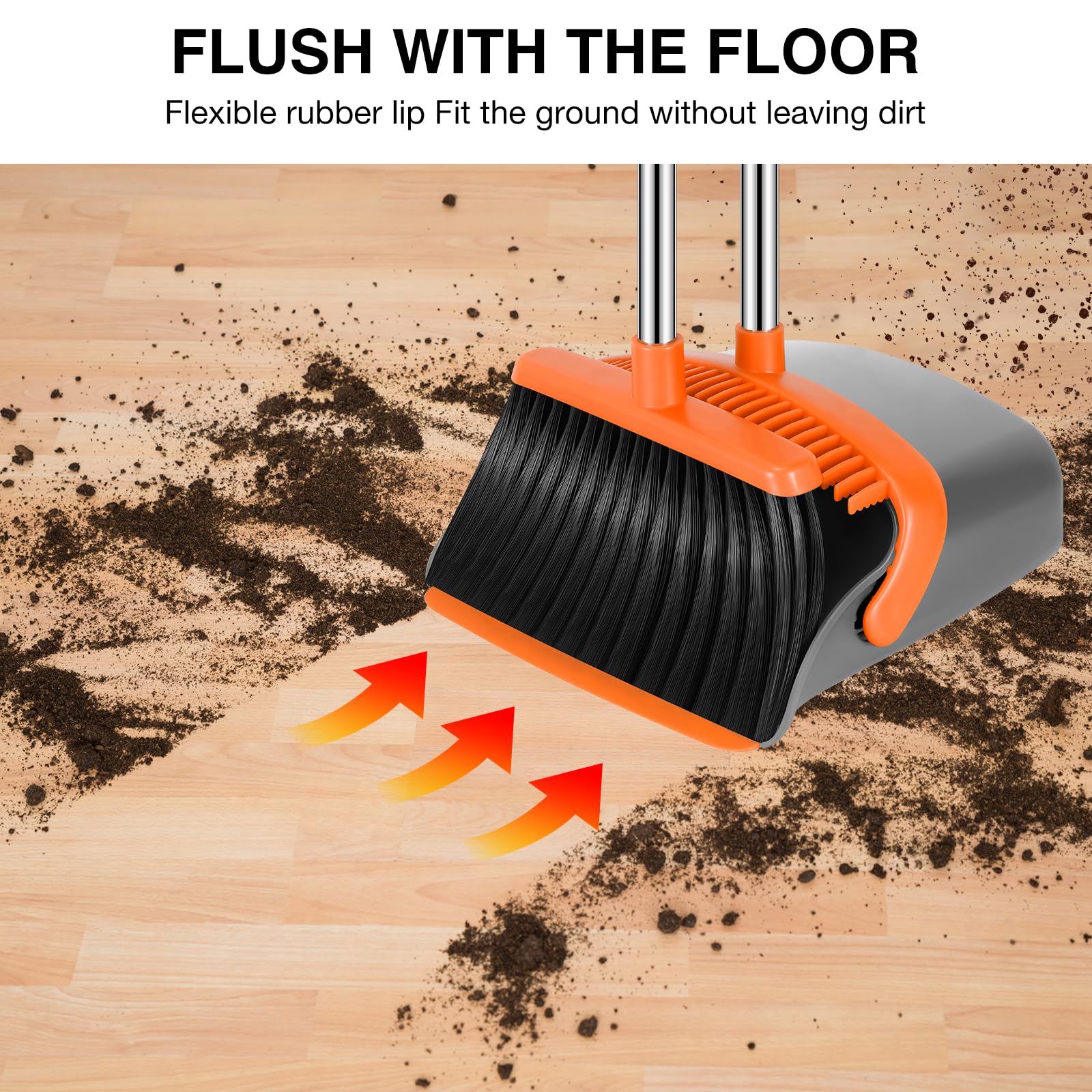 NACENA Broom and Dustpan Set, 52-in Long Adjustable Handle Broom Dustpan Combo with Dustpan Teeth to Automatically Clean Hair Suitable for Home Kitchen Office Hall Floor（Grey&Orange） - Image 4