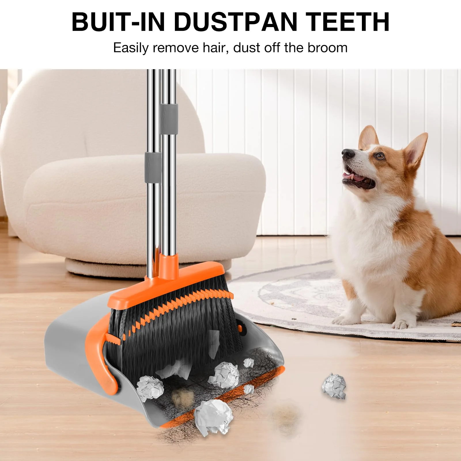 NACENA Broom and Dustpan Set, 52-in Long Adjustable Handle Broom Dustpan Combo with Dustpan Teeth to Automatically Clean Hair Suitable for Home Kitchen Office Hall Floor（Grey&Orange） - Image 5