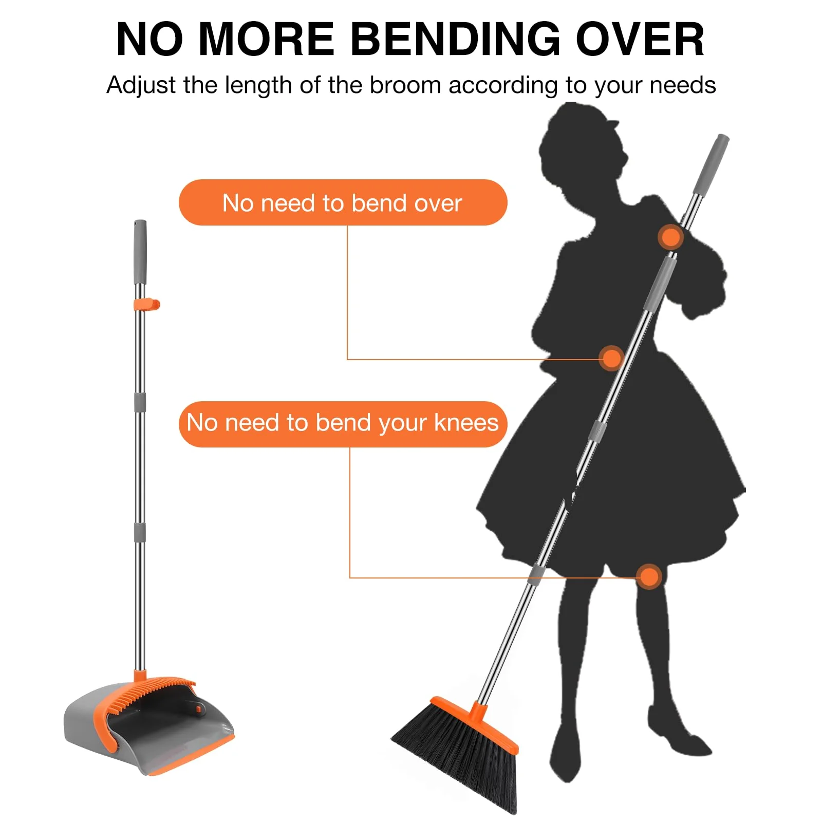 NACENA Broom and Dustpan Set, 52-in Long Adjustable Handle Broom Dustpan Combo with Dustpan Teeth to Automatically Clean Hair Suitable for Home Kitchen Office Hall Floor（Grey&Orange） - Image 6