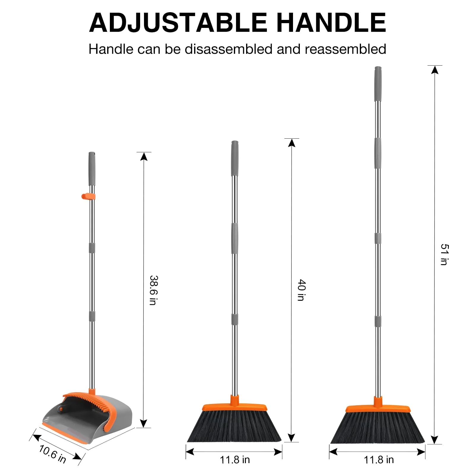 NACENA Broom and Dustpan Set, 52-in Long Adjustable Handle Broom Dustpan Combo with Dustpan Teeth to Automatically Clean Hair Suitable for Home Kitchen Office Hall Floor（Grey&Orange） - Image 7