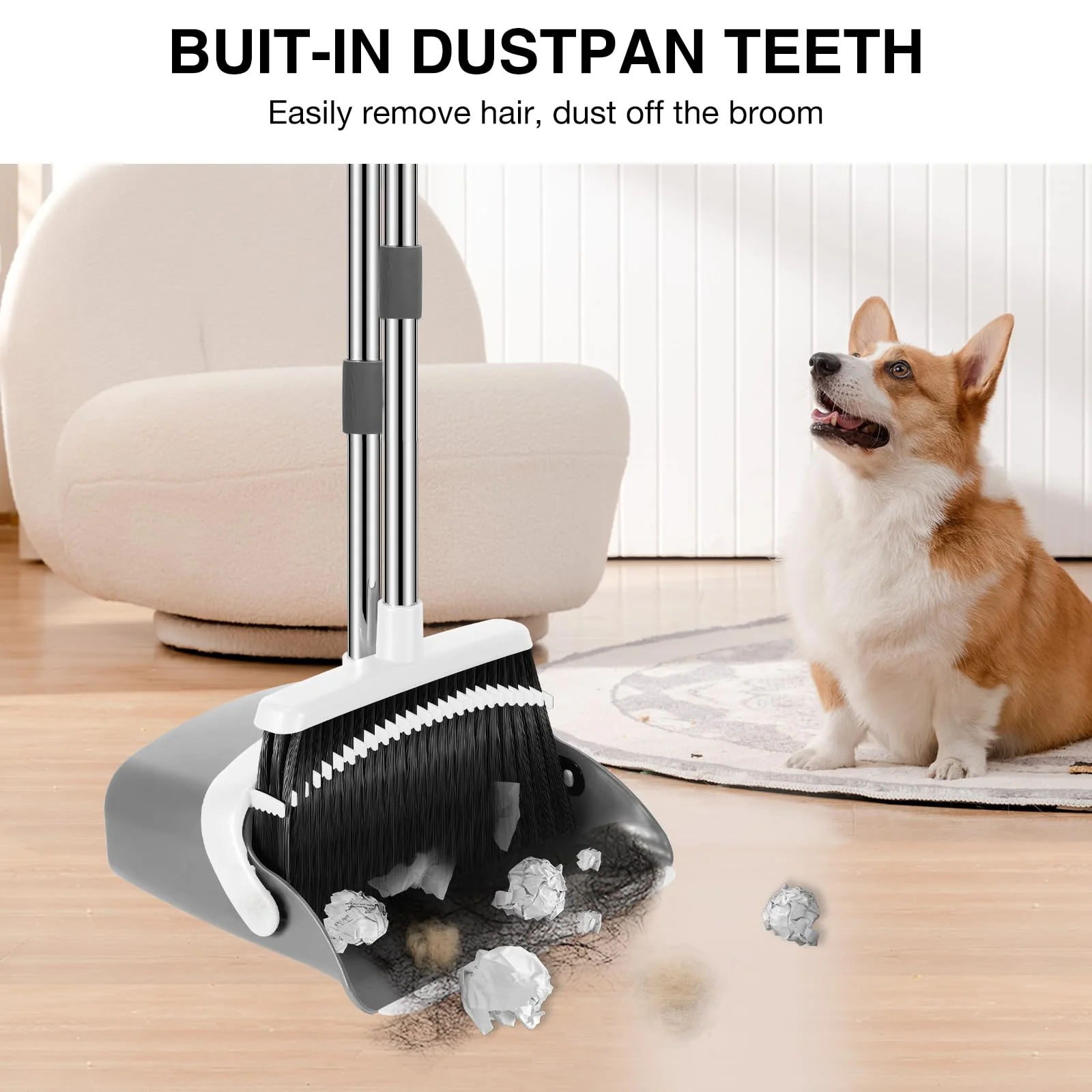 NACENA Broom and Dustpan Set, 52-in Long Adjustable Handle Broom Dustpan Combo with Dustpan Teeth to Automatically Clean Hair Suitable for Home Kitchen Office Hall Floor (Grey&White), 2 Pack - Image 5