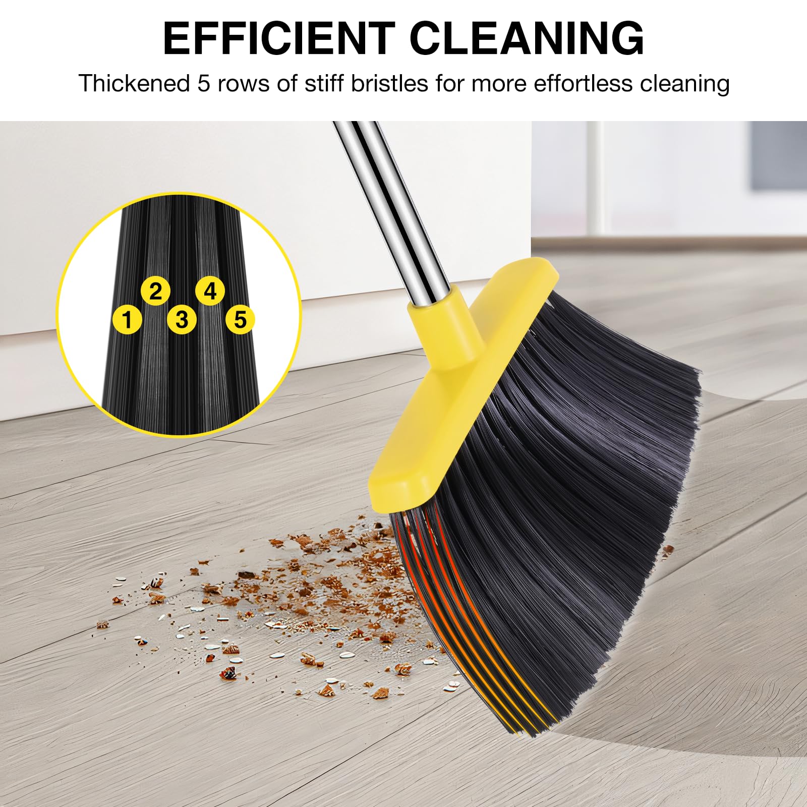 NACENA Broom and Dustpan Set, 52-in Long Adjustable Handle Broom Dustpan Combo with Dustpan Teeth to Automatically Clean Hair Suitable for Home Kitchen Office Hall Floor (Grey&Yellow), 2 Pack - Image 3