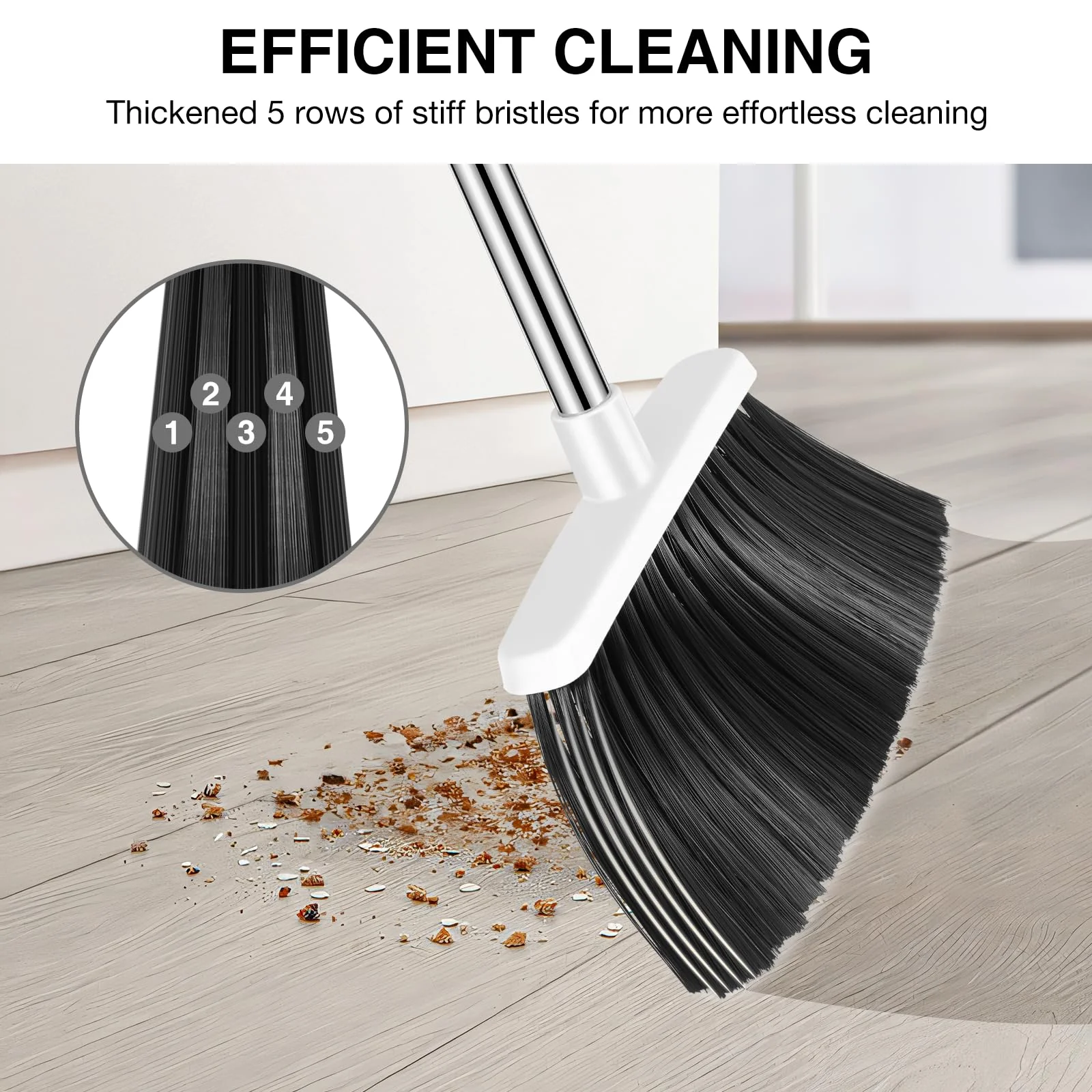 NACENA Broom and Dustpan Set, 52-in Long Adjustable Handle Broom Dustpan Combo with Dustpan Teeth to Automatically Clean Hair Suitable for Home Kitchen Office Hall Floor(Grey&White) - Image 3