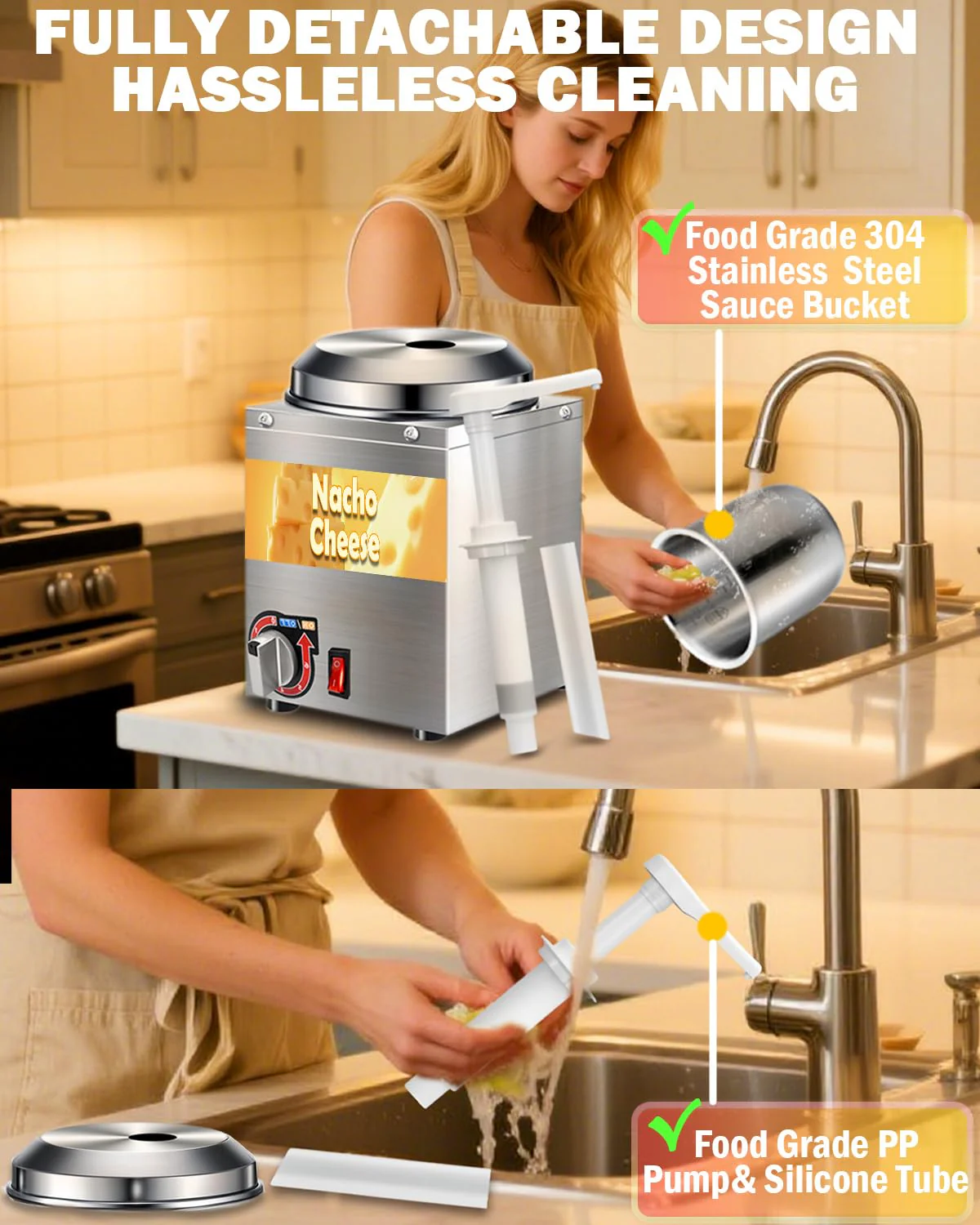 Nacho Cheese Dispenser - 2.8 Qt Nacho Cheese Warmer Machine with Pump, Stainless Steel Hot Fudge Sauce Warmer W/6-Level Temperature Adjustment,Syrup Hot Fudge Dispenser for Hot Fudge Cheese Caramel - Image 5