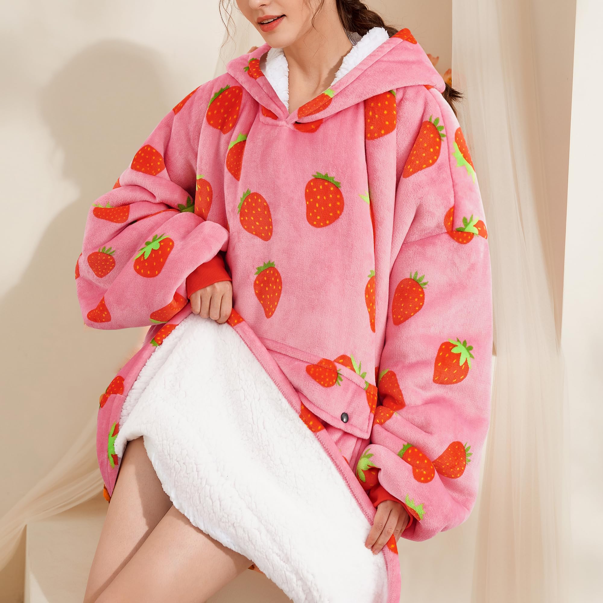 Narecte Oversized Blanket Hoodie Wearable Blanket Sweatshirt for Women Adults Soft Hooded Blanket Warm Oversized Hoodie Blanket Birthday Gifts for Women Christmas Gift for Friends Female Strawberry - Image 2