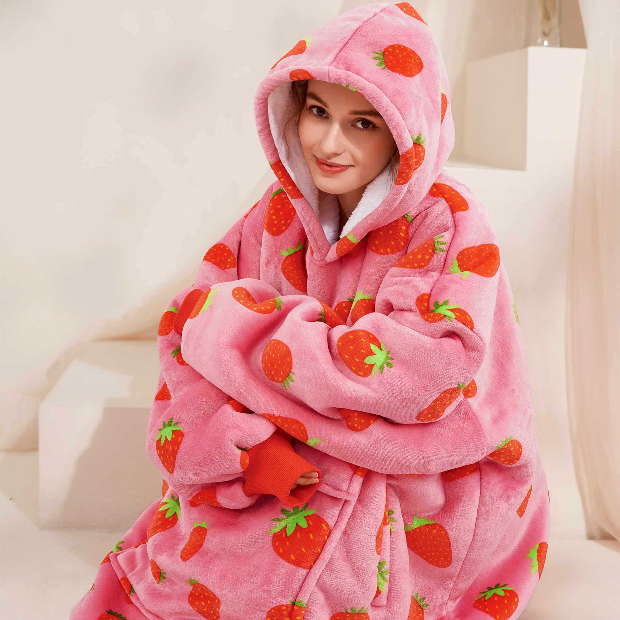 Narecte Oversized Blanket Hoodie Wearable Blanket Sweatshirt for Women Adults Soft Hooded Blanket Warm Oversized Hoodie Blanket Birthday Gifts for Women Christmas Gift for Friends Female Strawberry - Image 3