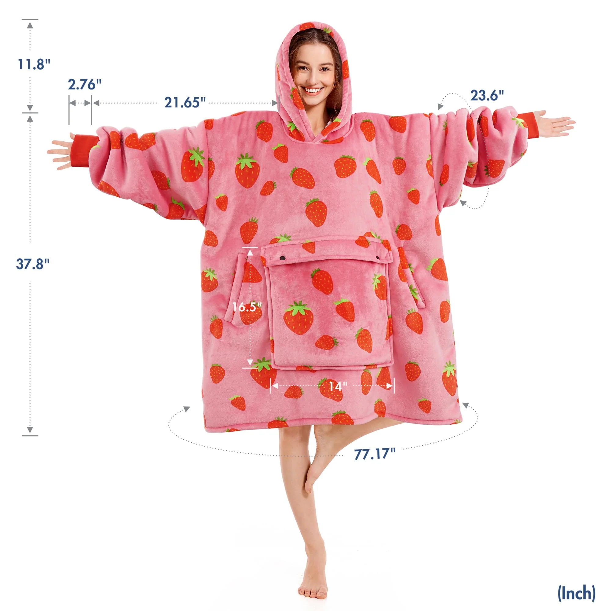 Narecte Oversized Blanket Hoodie Wearable Blanket Sweatshirt for Women Adults Soft Hooded Blanket Warm Oversized Hoodie Blanket Birthday Gifts for Women Christmas Gift for Friends Female Strawberry - Image 4
