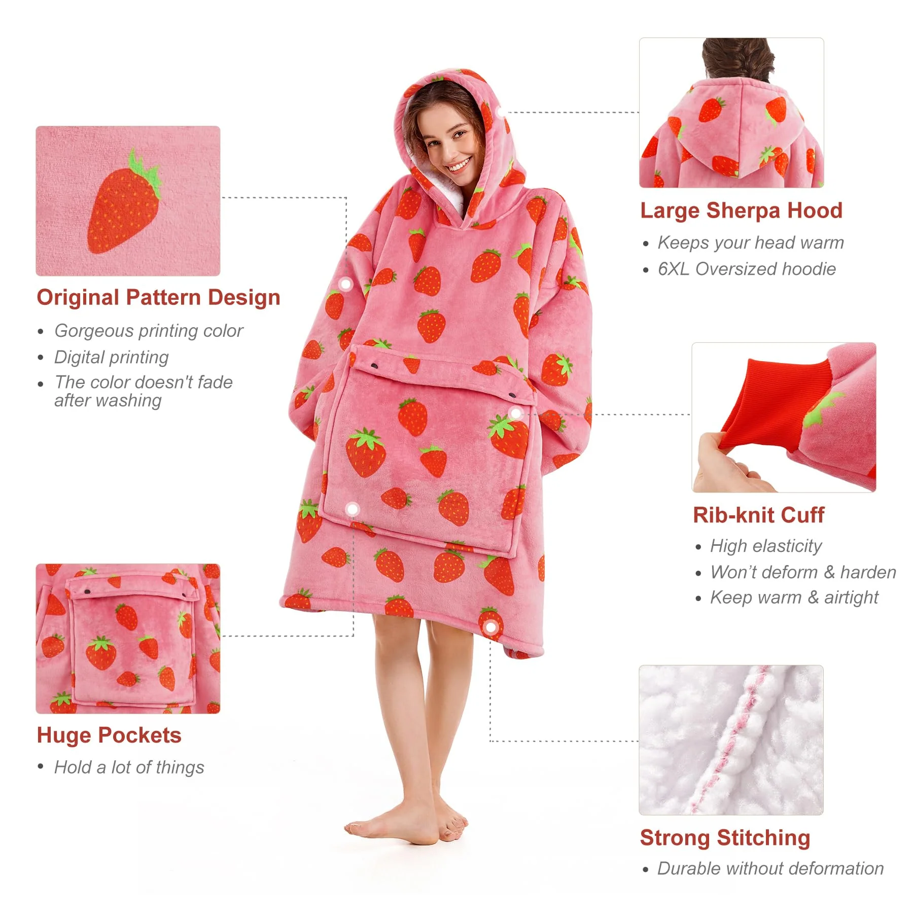 Narecte Oversized Blanket Hoodie Wearable Blanket Sweatshirt for Women Adults Soft Hooded Blanket Warm Oversized Hoodie Blanket Birthday Gifts for Women Christmas Gift for Friends Female Strawberry - Image 5