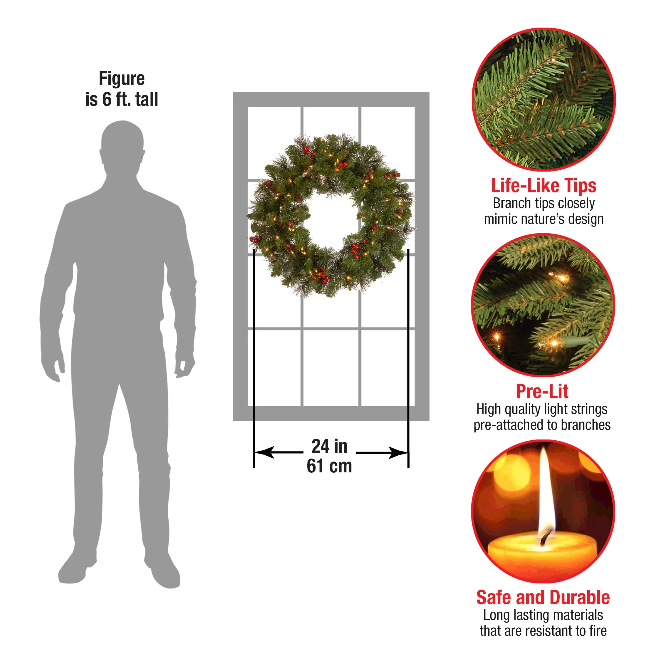 National Tree Company Pre-Lit Artificial Christmas Wreath, Green, Crestwood Spruce, White Lights, Decorated with Pine Cones, Berry Clusters, Frosted Branches, Christmas Collection, 24 Inches - Image 5