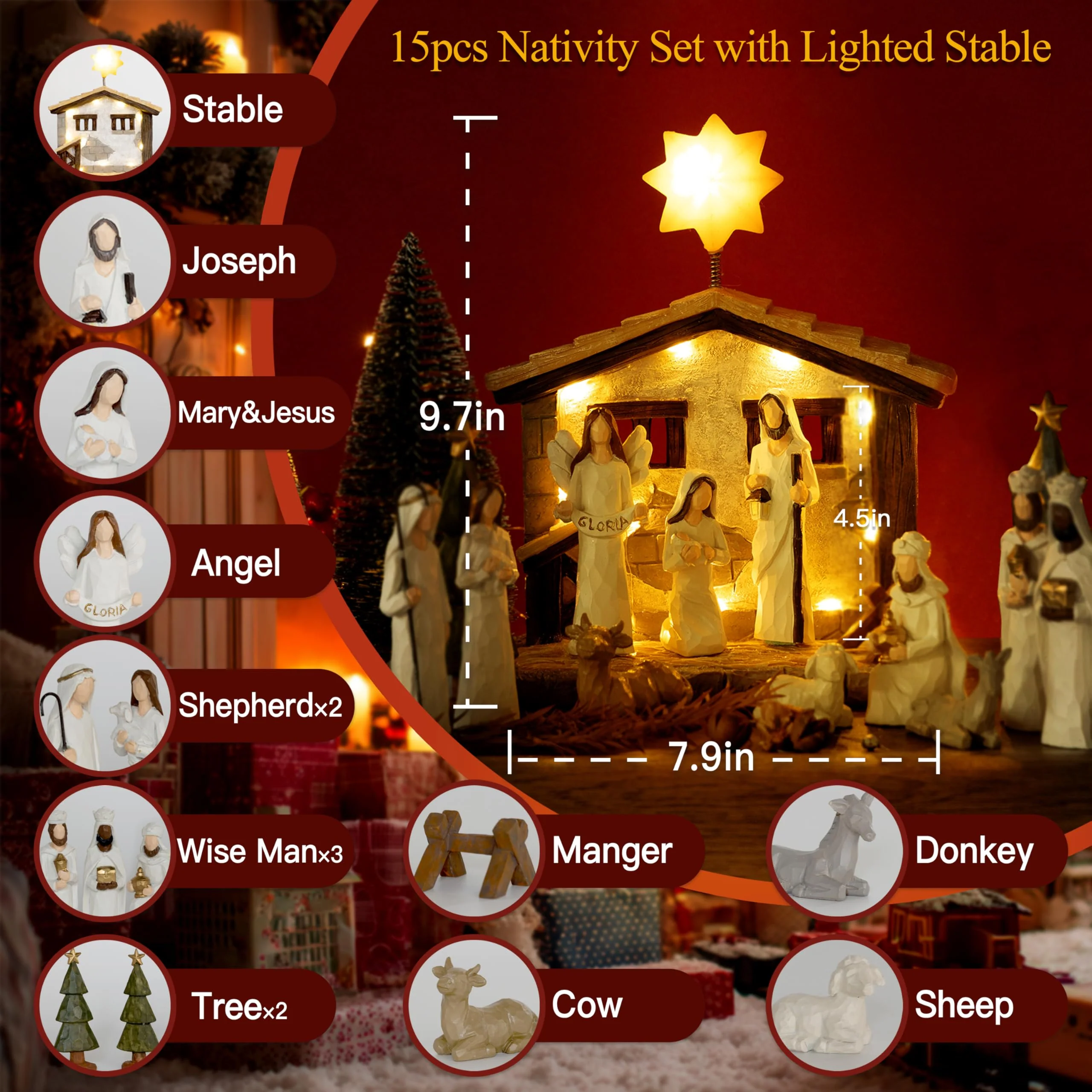 Nativity Set Indoor – 15 Pieces Christmas Nativity Scene Set with Manger, LED Star, Angel with Gloria Banner, Wooden Style Nativity Sets & Figures for Kids and Family Holiday Christmas Décor - Image 2