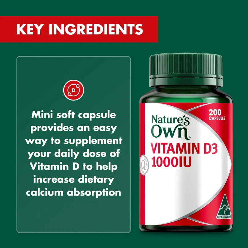 Nature's Own Vitamin D 1000IU Capsules 200 - Aids Calcium Absorption - Supports healthy Immune System Function, Bone health, Muscle Strength in the Elderly, & Muscle Function - High Strength - Image 5