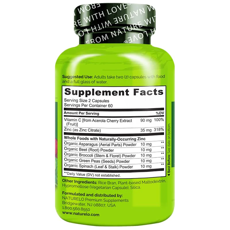 NATURELO Vegan Zinc Immune Support Capsules - Whole Food Complex with Vitamin C for Healthy Skin, Hair, and Nails - 120 Capsules - Image 3