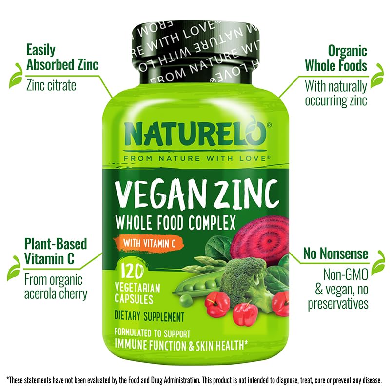 NATURELO Vegan Zinc Immune Support Capsules - Whole Food Complex with Vitamin C for Healthy Skin, Hair, and Nails - 120 Capsules - Image 7