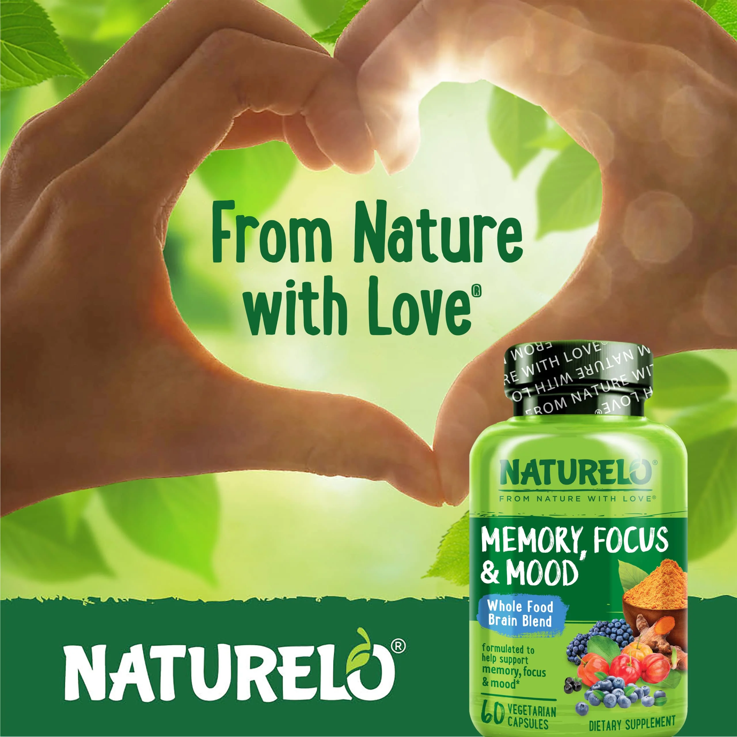NATURELO Whole Food Brain Supplement - Brain Health Supplements for Memory & Focus Support - Enhance Brain Health Blend Supplement for Adults - 60 Vegetarian Capsules - Image 3