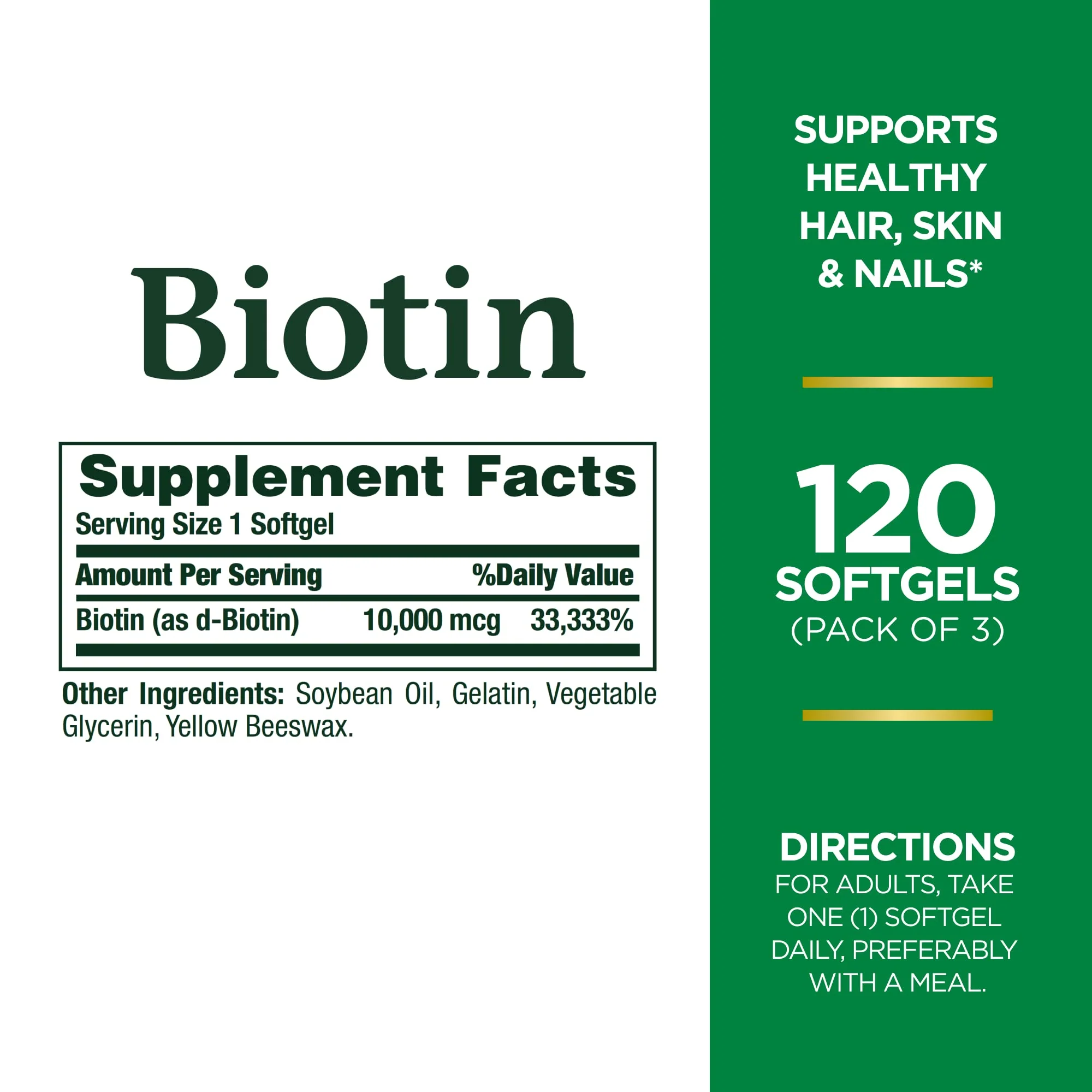 Nature's Bounty Biotin Hair Skin and Nails Vitamins, Supports Healthy Hair, Skin and Nails, 10,000 mcg, 120 Count (Pack of 3) - Image 7