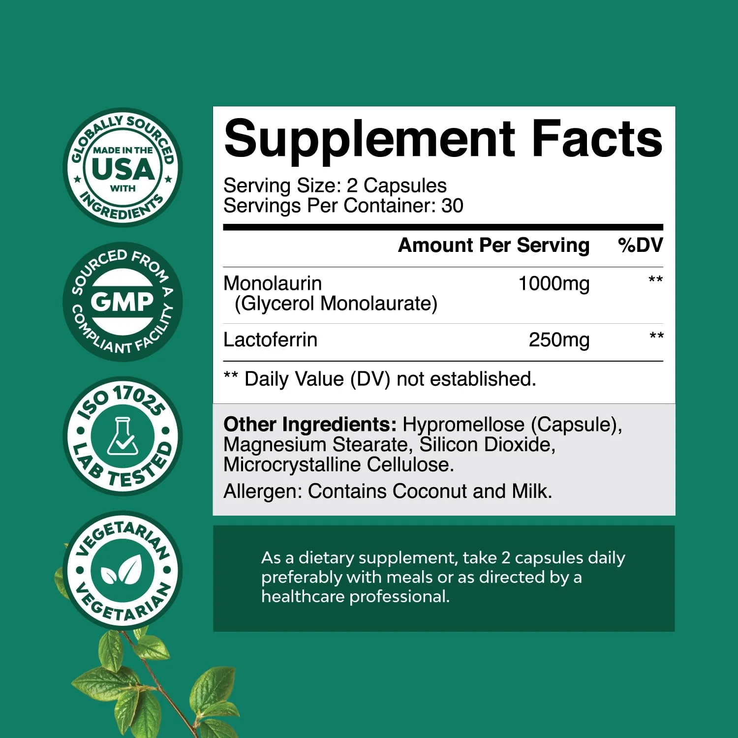 Natures Craft High Strength 250mg Lactoferrin & 1000mg Monolaurin Supplement (30 Servings) - Microbiome Digestive Health Immune Support Supplement - Lactoferrin and Monolaurin Capsules - Vegetarian - Image 8