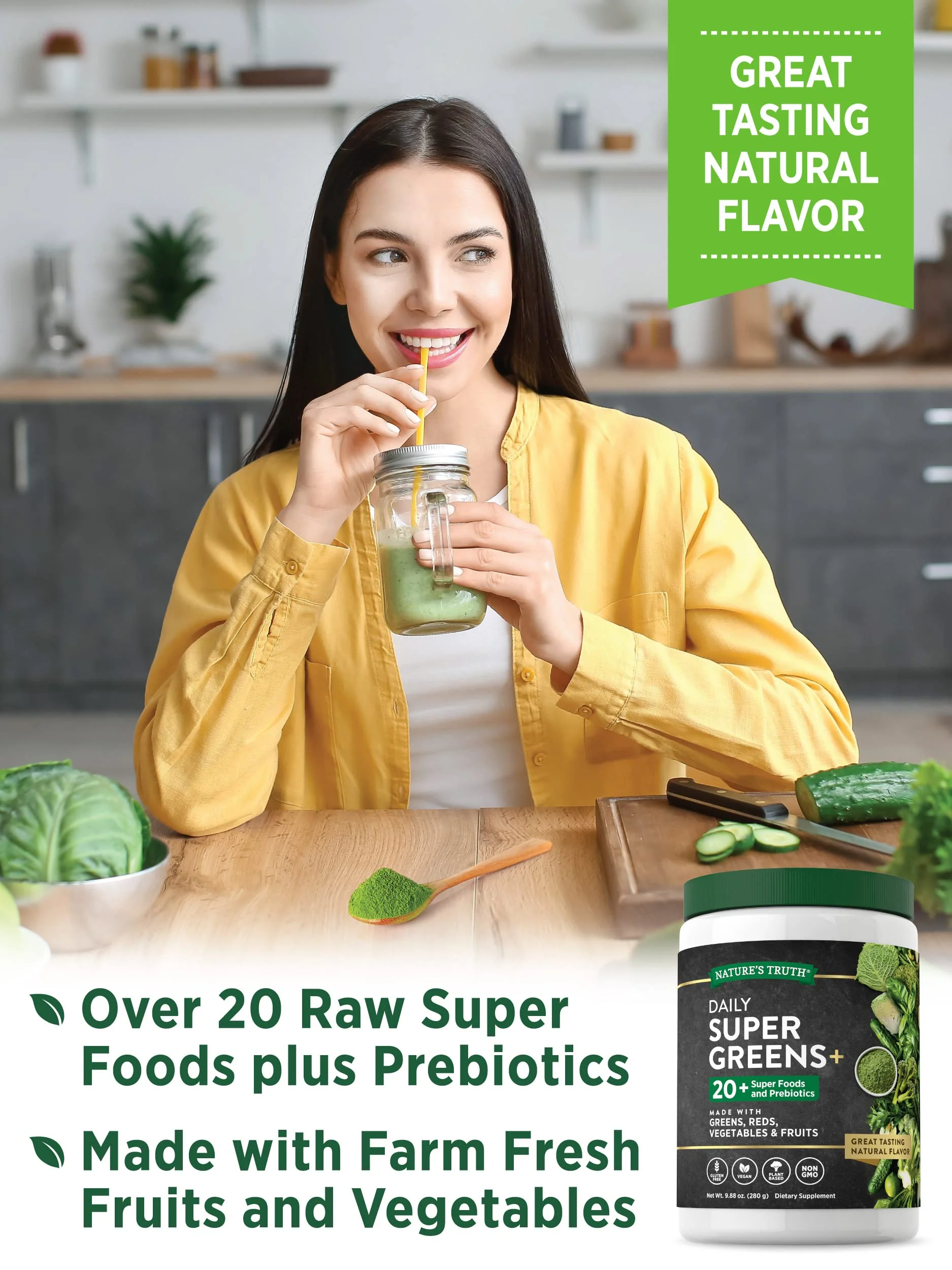 Nature's Truth Super Greens Superfood Powder Supplement | Fruit & Vegetables Blend | Juice & Smoothie Mix | 9.88 oz | Vegan, Non-GMO & Gluten Free - Image 5