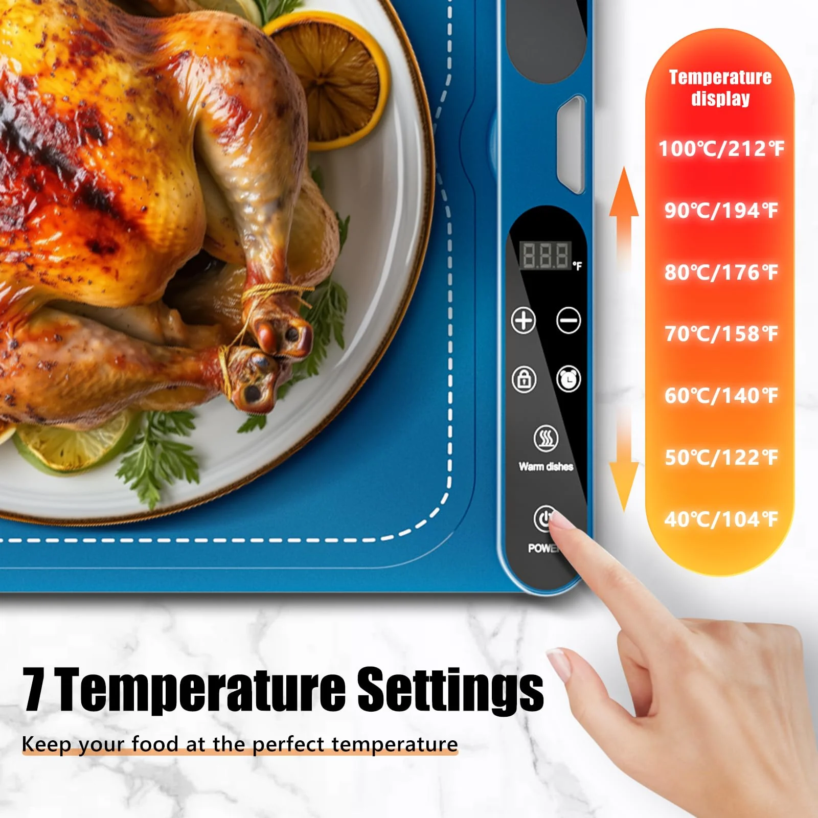 NAXBEY Warming Mat for Food, Food Warmers for Parties Buffet, Foldable Food Warming Mats for Countertops and Daily Use with Timer and 7 Temperature Levels, with one-touch heating button, 15"x23.6" - Image 6