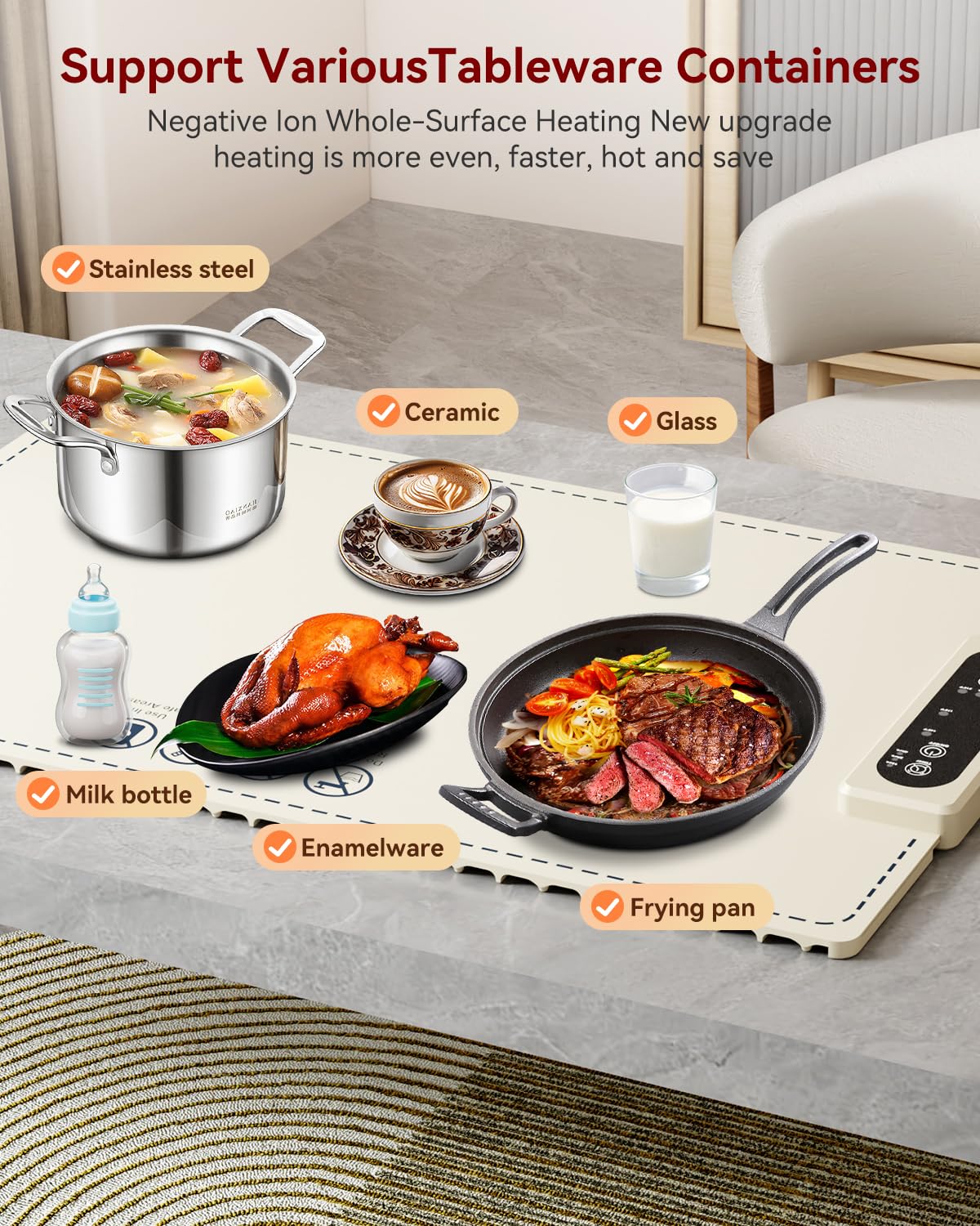 Negative ion Food Warming Mat with Adjustable Temperature,Foldable Electric Warming Tray for Parties Features 3 Modes & Fast Heating,Roll Up Food Warmer for Parties,Shabbat,Christmas (White) - Image 7
