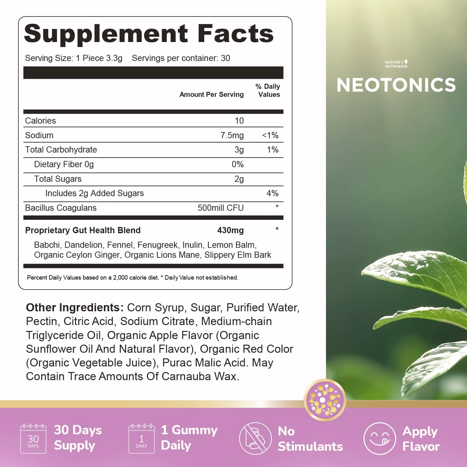 Neotonics Skin and Gut Gummies - 100% Natural Probiotic Gummies, Chewable Probiotics for Digestive Health & Skin Health, Daily Probiotics for Women & Men - Apple Flavor, 30 Gummies, 1 Month Supply - Image 2