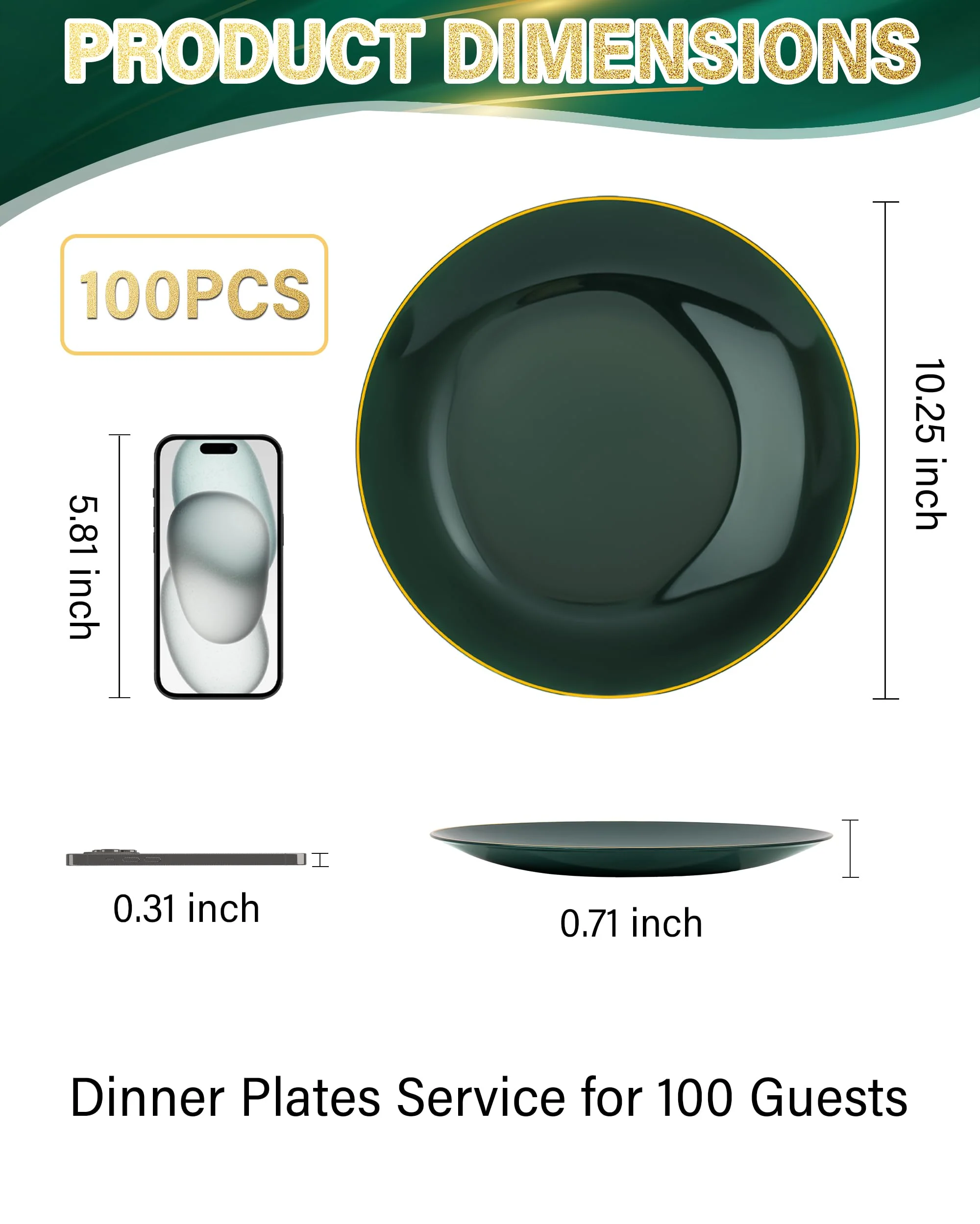 Nervure 100Pcs Green and Gold Plastic Plates - 10.25inch Disposable Green Dinner Plates - Heavy Duty Plastic Plate Ideal for Wedding & Party & Christmas - Image 8